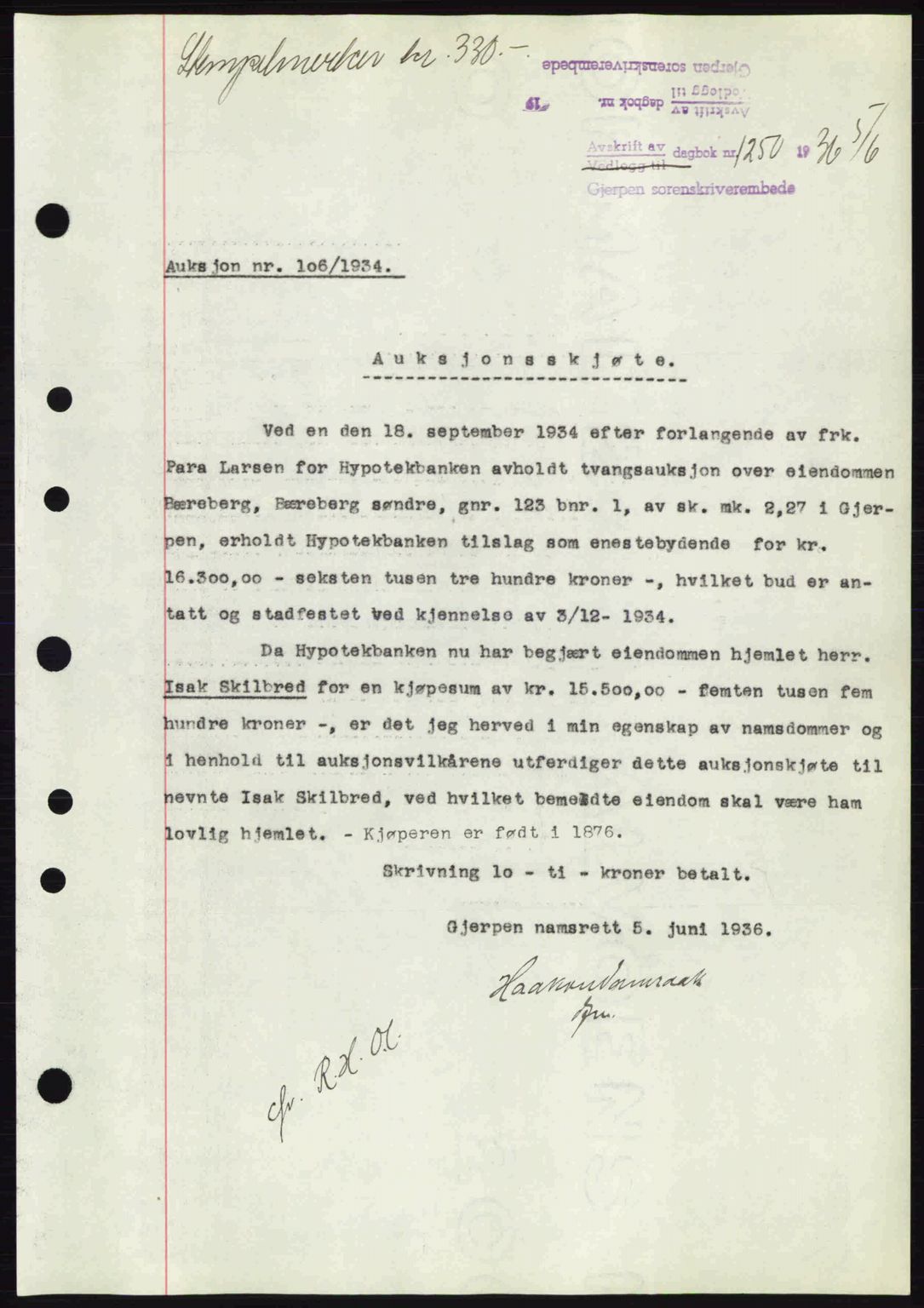 Gjerpen sorenskriveri, SAKO/A-216/G/Ga/Gae/L0067: Pantebok nr. A-66 - A-68, 1936-1937, Dagboknr: 1250/1936
