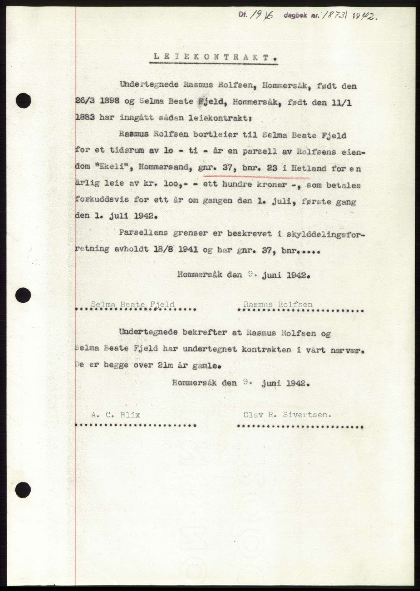 Jæren sorenskriveri, SAST/A-100310/03/G/Gba/L0082: Pantebok, 1942-1942, Dagboknr: 1873/1942