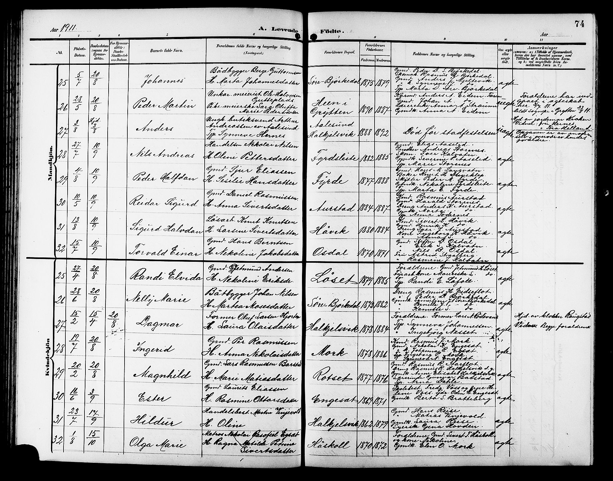 Ministerialprotokoller, klokkerbøker og fødselsregistre - Møre og Romsdal, SAT/A-1454/511/L0159: Klokkerbok nr. 511C05, 1902-1920, s. 74