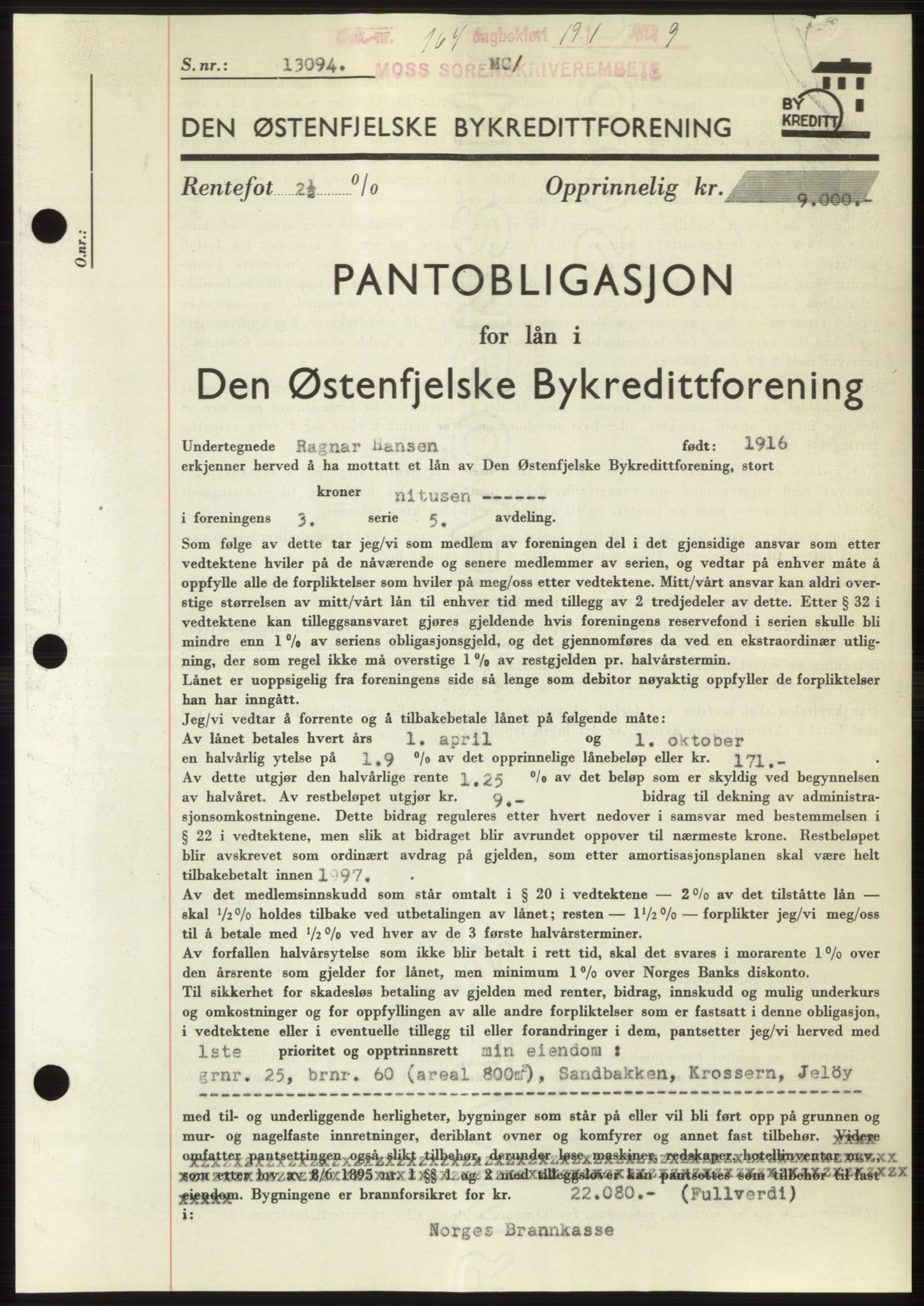 Moss sorenskriveri, SAO/A-10168: Pantebok nr. B21, 1949-1949, Dagboknr: 164/1949