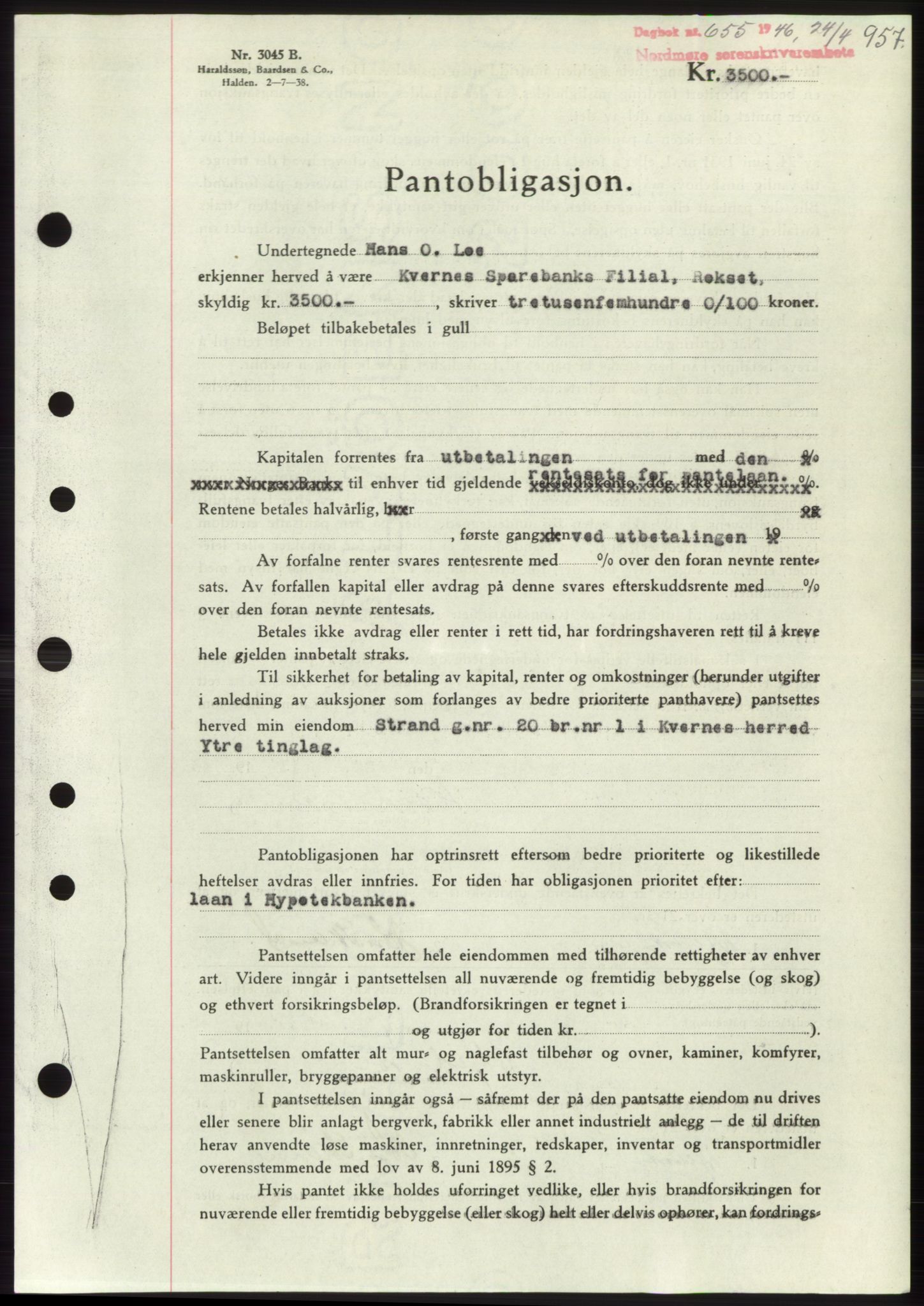 Nordmøre sorenskriveri, SAT/A-4132/1/2/2Ca: Pantebok nr. B93b, 1946-1946, Dagboknr: 655/1946