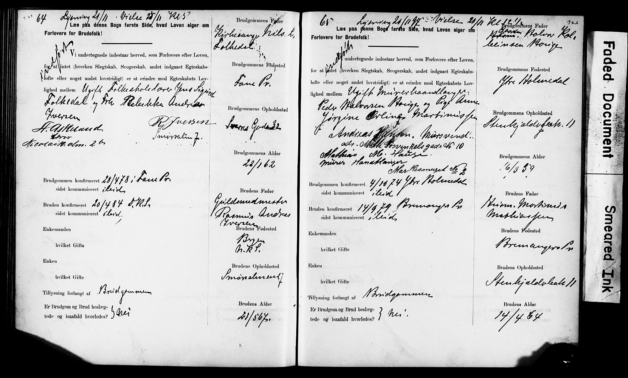 Korskirken sokneprestembete, AV/SAB-A-76101: Forlovererklæringer nr. II.5.6, 1889-1898, s. 321