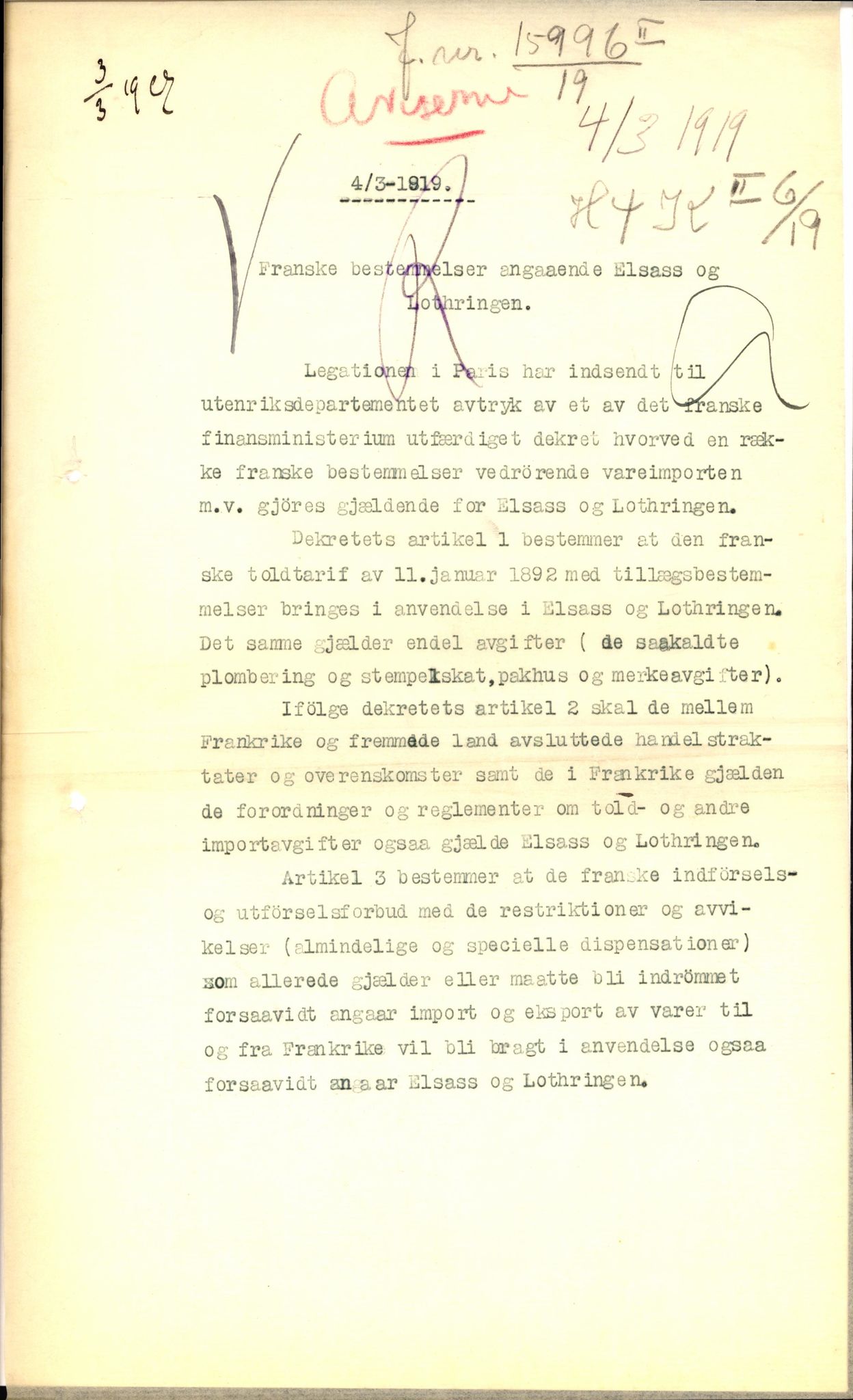 Utenriksdepartementet, RA/S-2259/Dh/L2551/0005: Sakarkiv / H4-KII-6/19 Frankrike. Elsass-Lothringens handelsforbindelse med Norge, 1919, s. 2