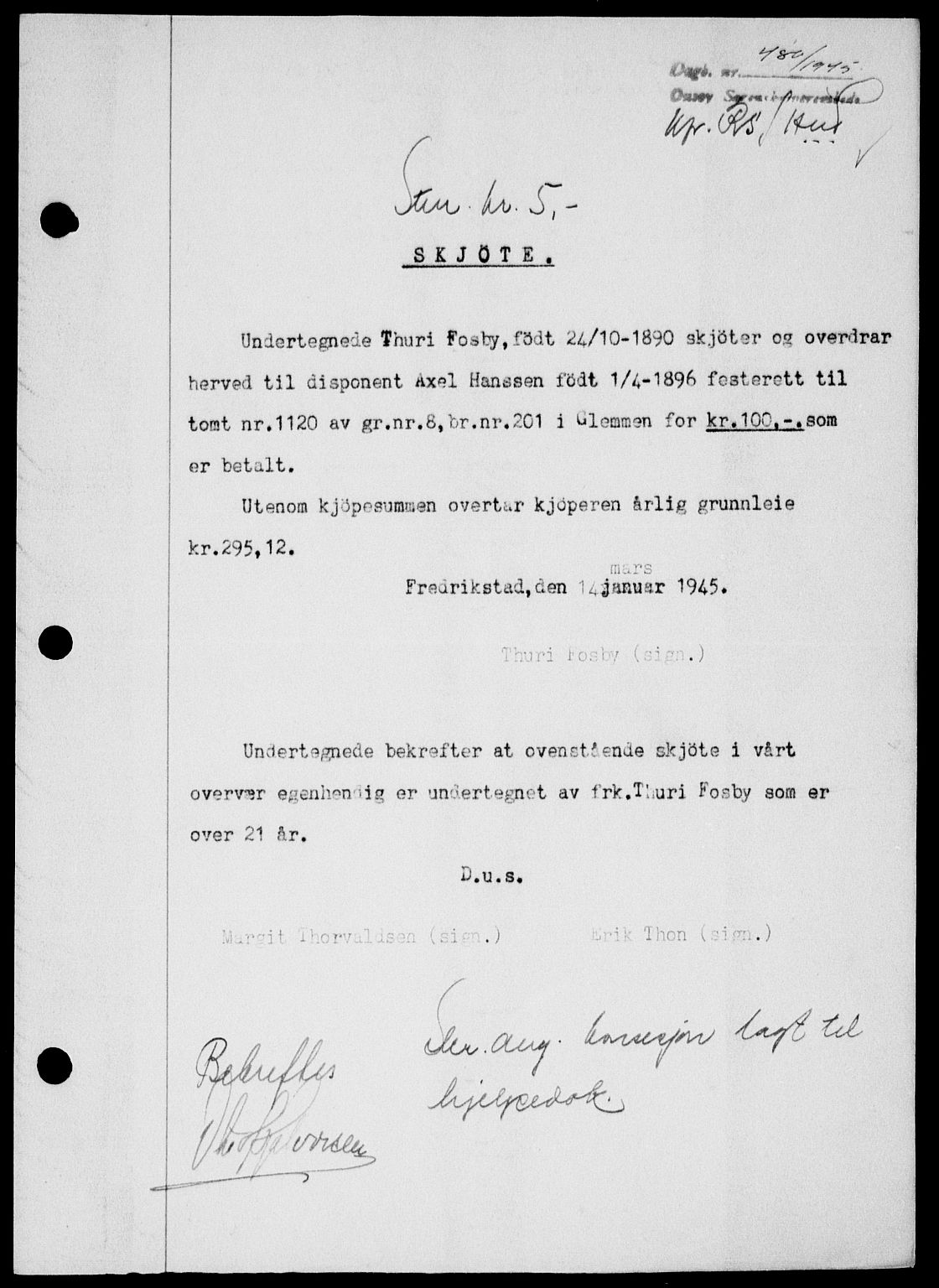 Onsøy sorenskriveri, SAO/A-10474/G/Ga/Gab/L0014: Pantebok nr. II A-14, 1944-1945, Dagboknr: 480/1945