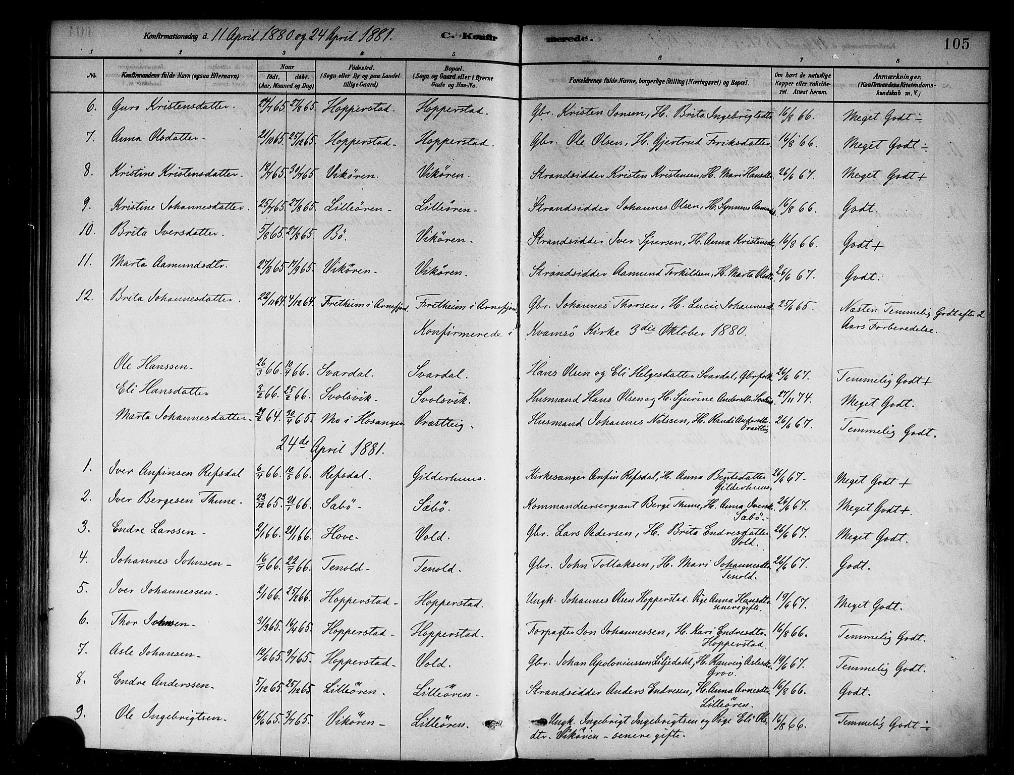 Vik sokneprestembete, AV/SAB-A-81501/H/Haa/Haab/L0001: Ministerialbok nr. B 1, 1878-1890, s. 105