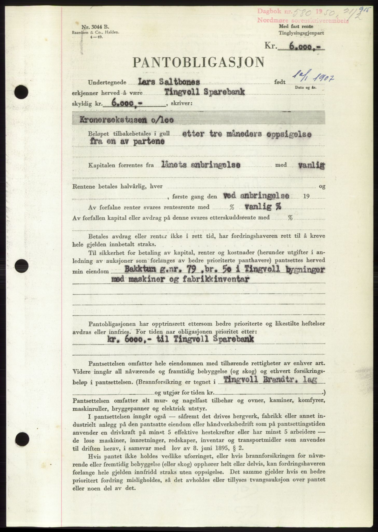 Nordmøre sorenskriveri, AV/SAT-A-4132/1/2/2Ca: Pantebok nr. B103, 1949-1950, Dagboknr: 580/1950