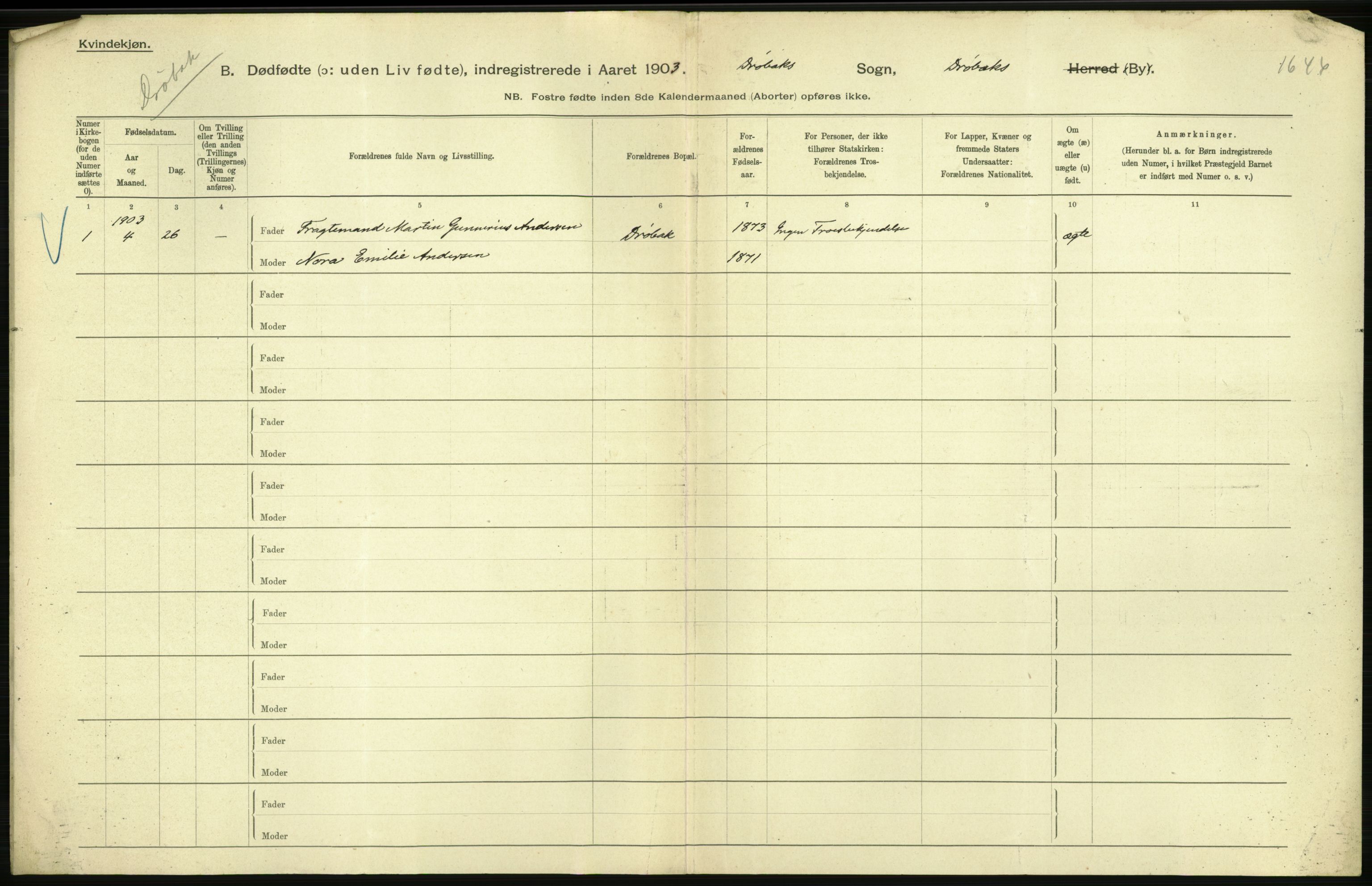 Statistisk sentralbyrå, Sosiodemografiske emner, Befolkning, AV/RA-S-2228/D/Df/Dfa/Dfaa/L0026: Smålenenes - Finnmarkens amt: Dødfødte. Byer., 1903, s. 218