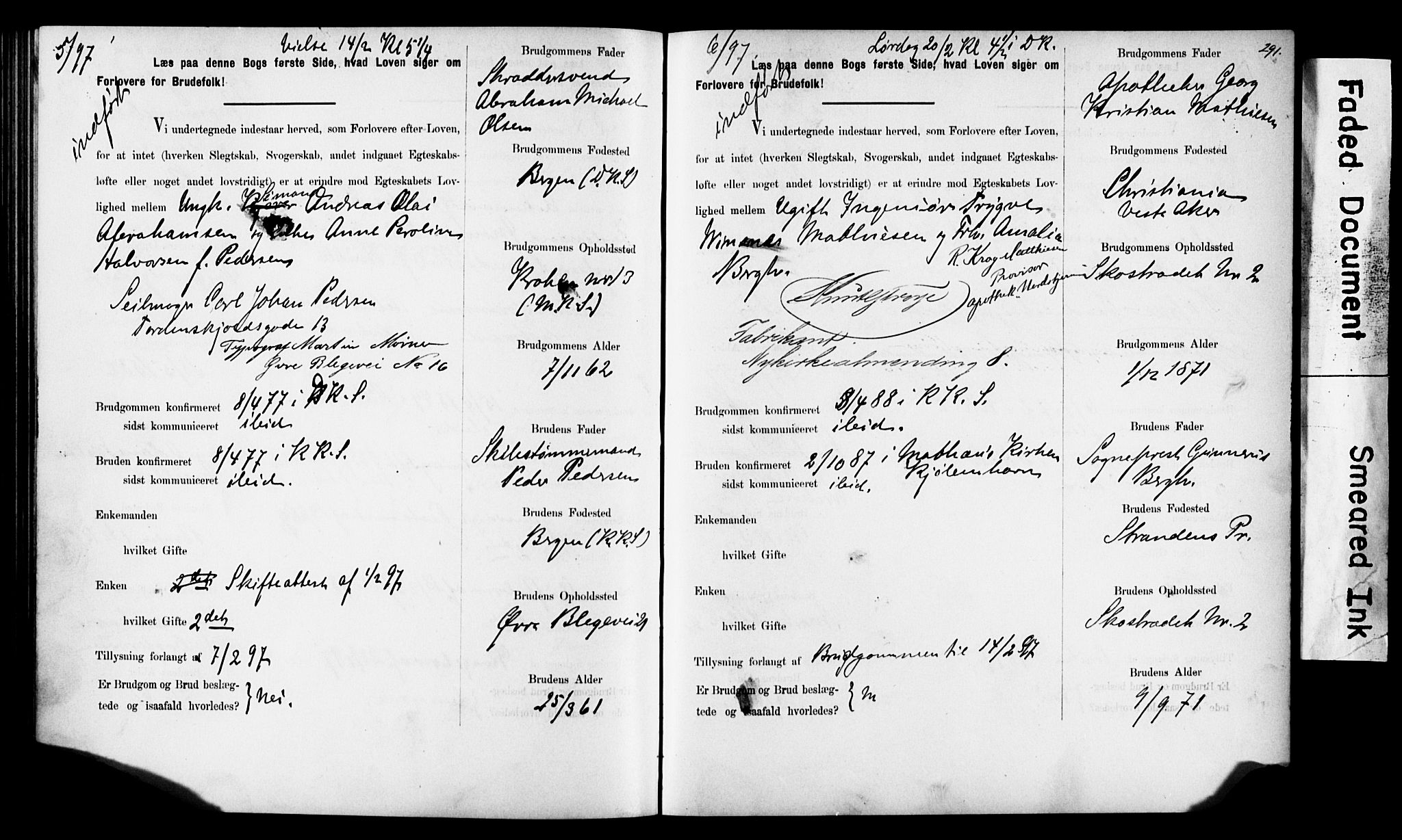 Korskirken sokneprestembete, SAB/A-76101: Forlovererklæringer nr. II.5.6, 1889-1898, s. 291