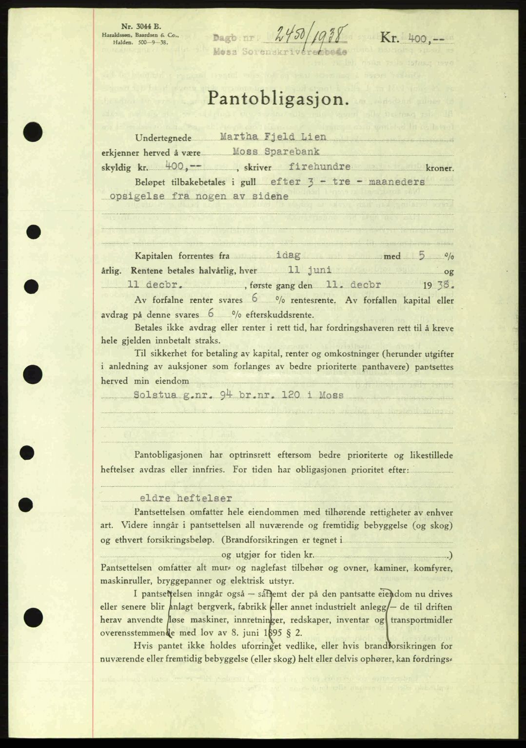 Moss sorenskriveri, SAO/A-10168: Pantebok nr. B6, 1938-1938, Dagboknr: 2450/1938