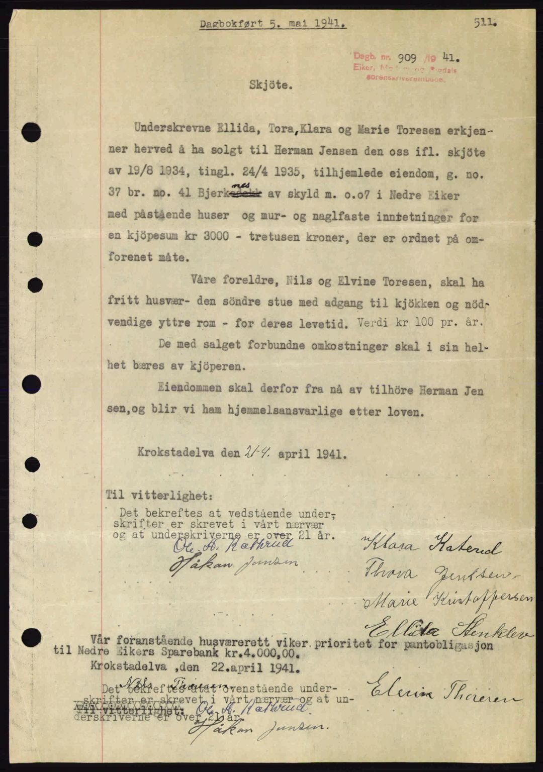 Eiker, Modum og Sigdal sorenskriveri, SAKO/A-123/G/Ga/Gab/L0043: Pantebok nr. A13, 1940-1941, Dagboknr: 909/1941