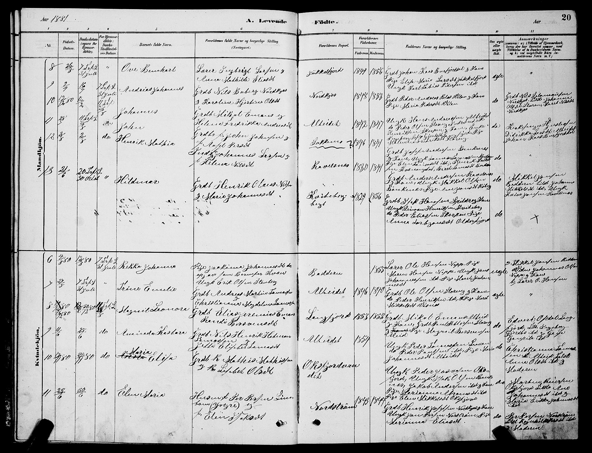 Skjervøy sokneprestkontor, AV/SATØ-S-1300/H/Ha/Hab/L0015klokker: Klokkerbok nr. 15, 1878-1890, s. 20