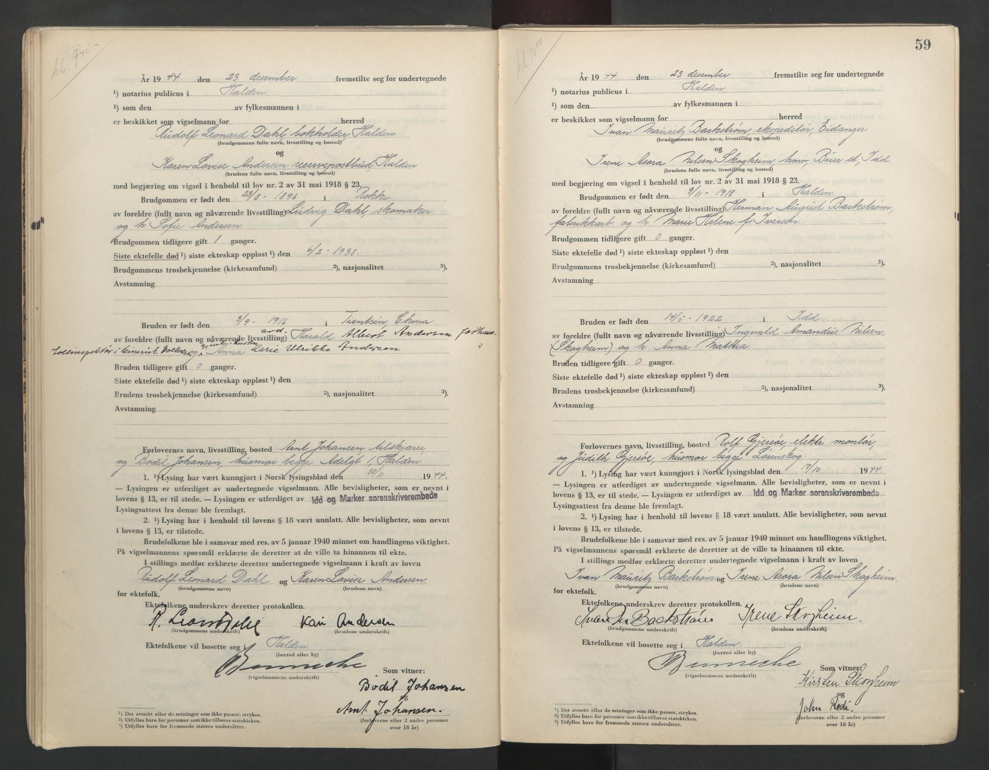 Idd og Marker sorenskriveri, SAO/A-10283/L/Lc/L0001/0003: Vigselsbøker / Vigselsbok, 1944-1945, s. 59