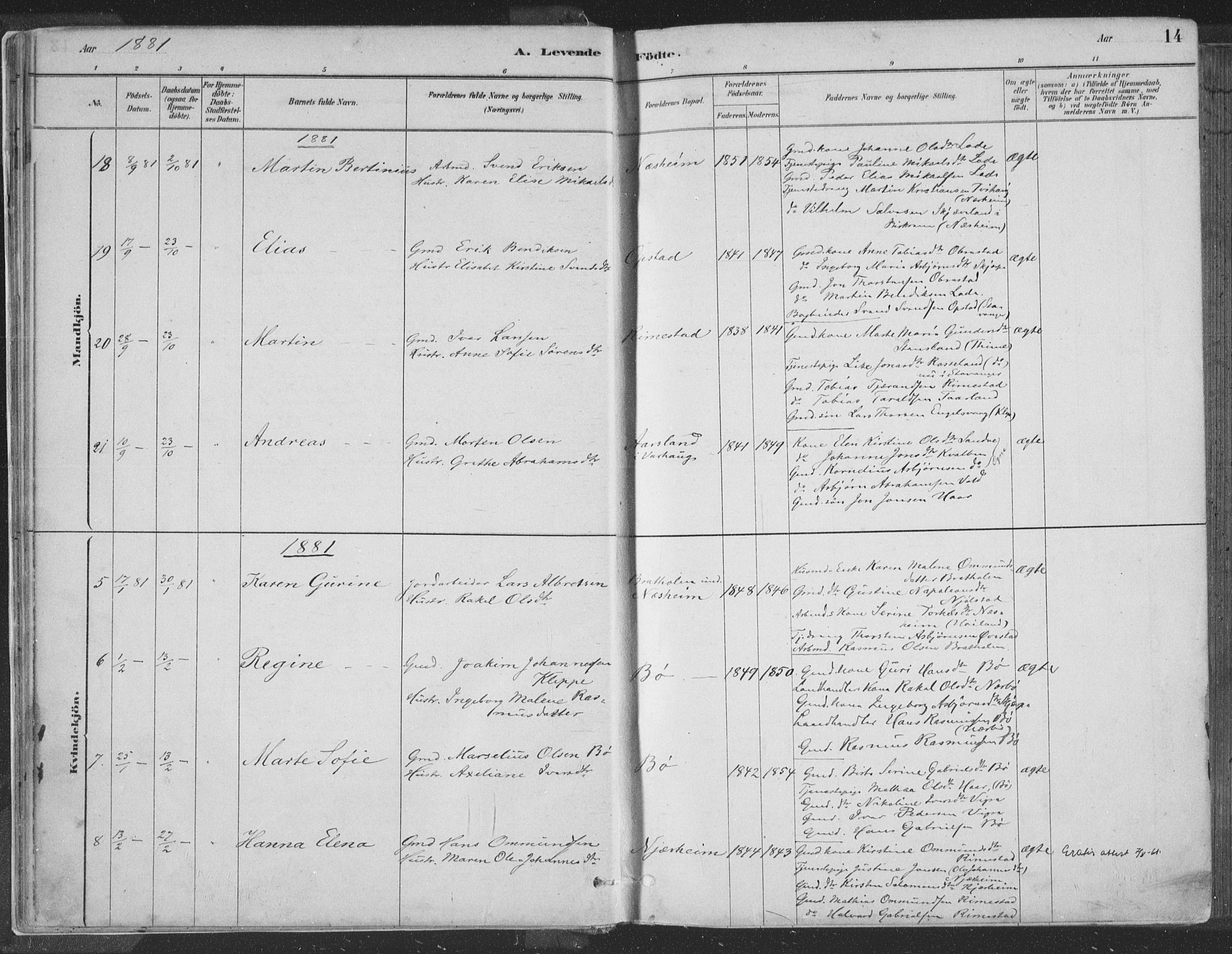 Hå sokneprestkontor, AV/SAST-A-101801/001/30BA/L0010: Ministerialbok nr. A 9, 1879-1896, s. 14