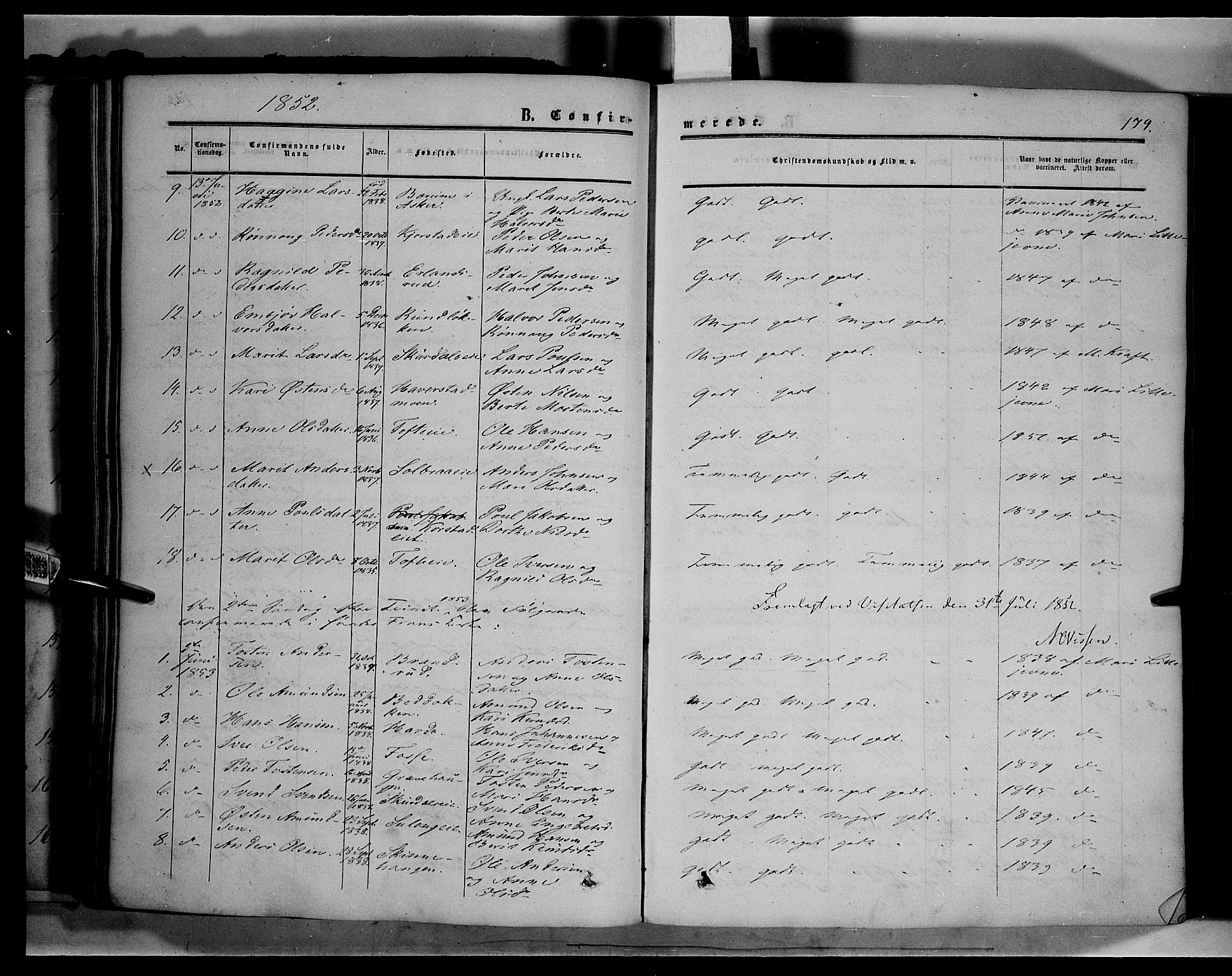 Sør-Fron prestekontor, AV/SAH-PREST-010/H/Ha/Haa/L0001: Ministerialbok nr. 1, 1849-1863, s. 179