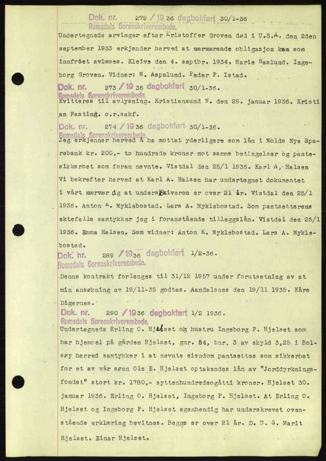 Romsdal sorenskriveri, AV/SAT-A-4149/1/2/2C: Pantebok nr. C1a, 1936-1945, Dagboknr: 272/1936