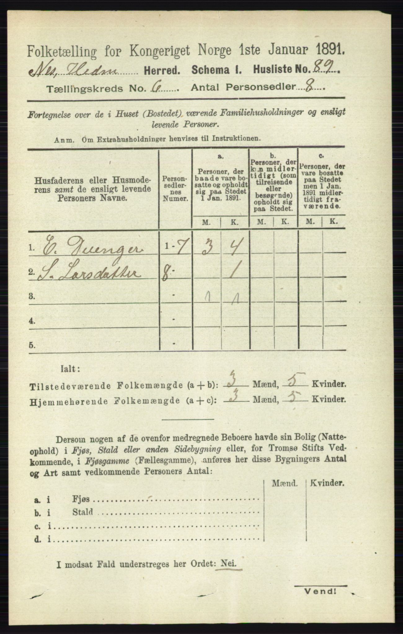 RA, Folketelling 1891 for 0411 Nes herred, 1891, s. 3257