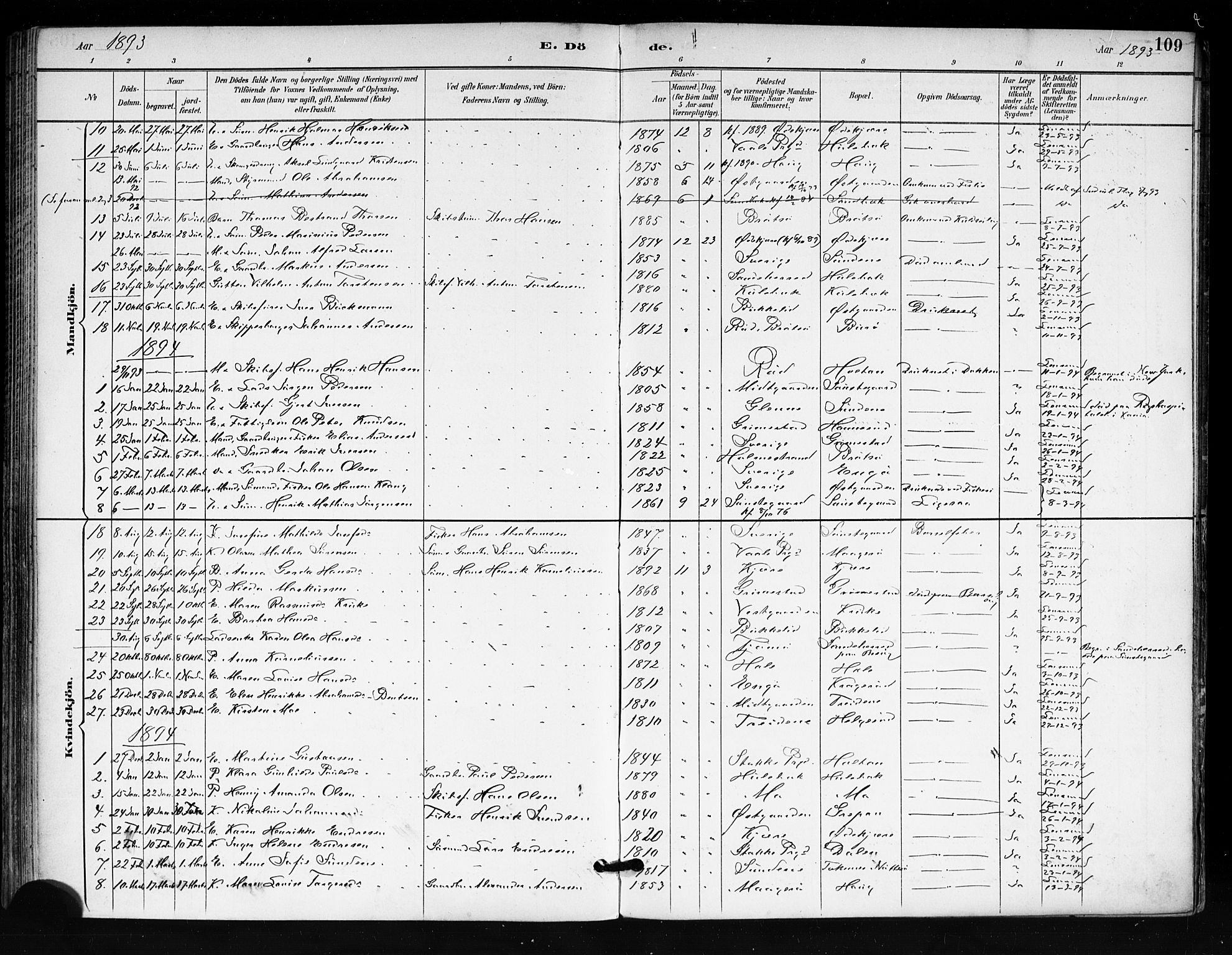 Tjøme kirkebøker, AV/SAKO-A-328/F/Fa/L0003: Ministerialbok nr. I 3, 1891-1900, s. 109