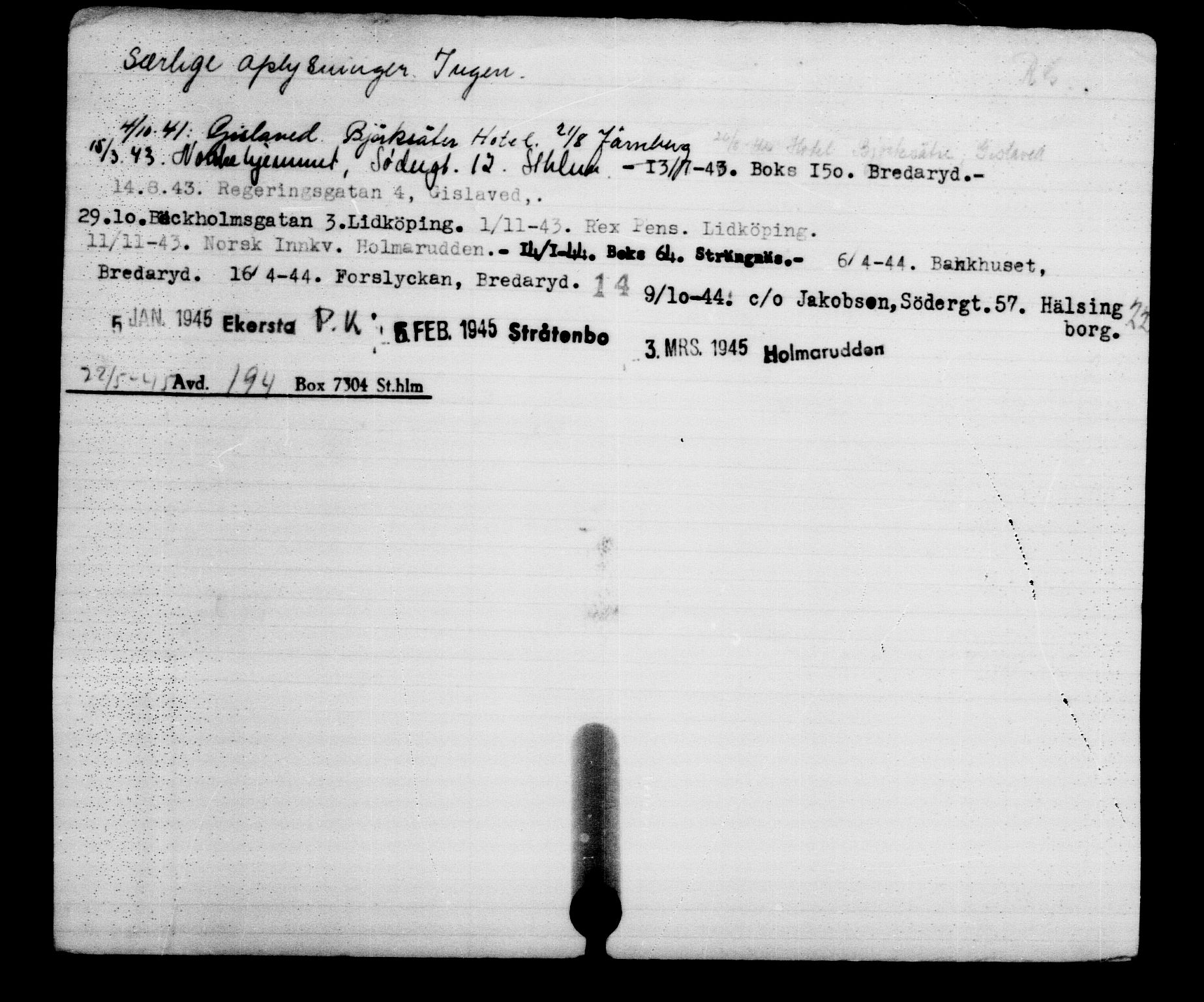 Utenriksstasjonene, Legasjonen i Stockholm, Flyktningkontoret, AV/RA-S-6753/V/Va/L0002: Kjesäterkartoteket, flyktninger med registreringsnr. 1001-2000, 1940-1945, s. 112