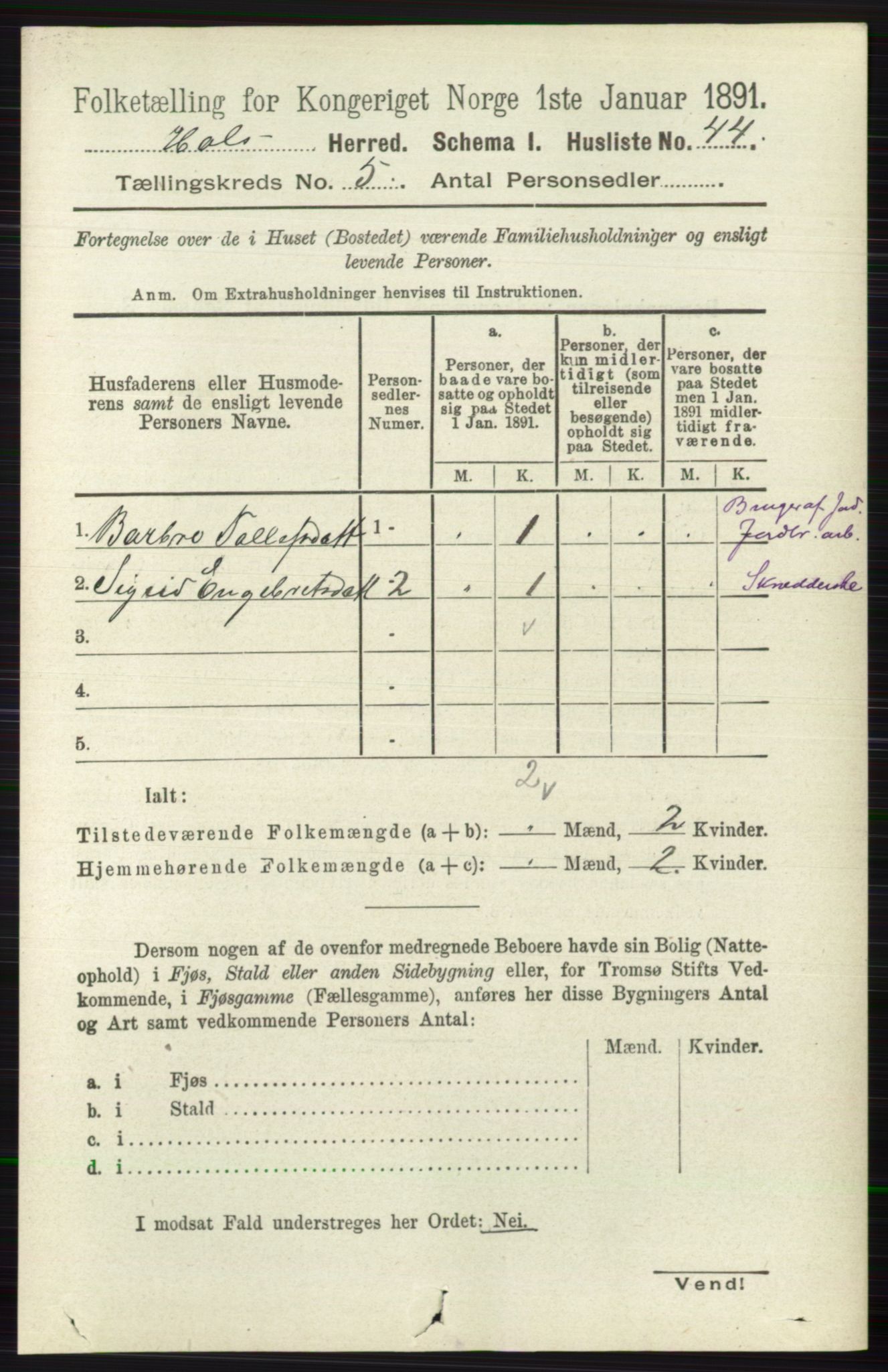 RA, Folketelling 1891 for 0620 Hol herred, 1891, s. 1461