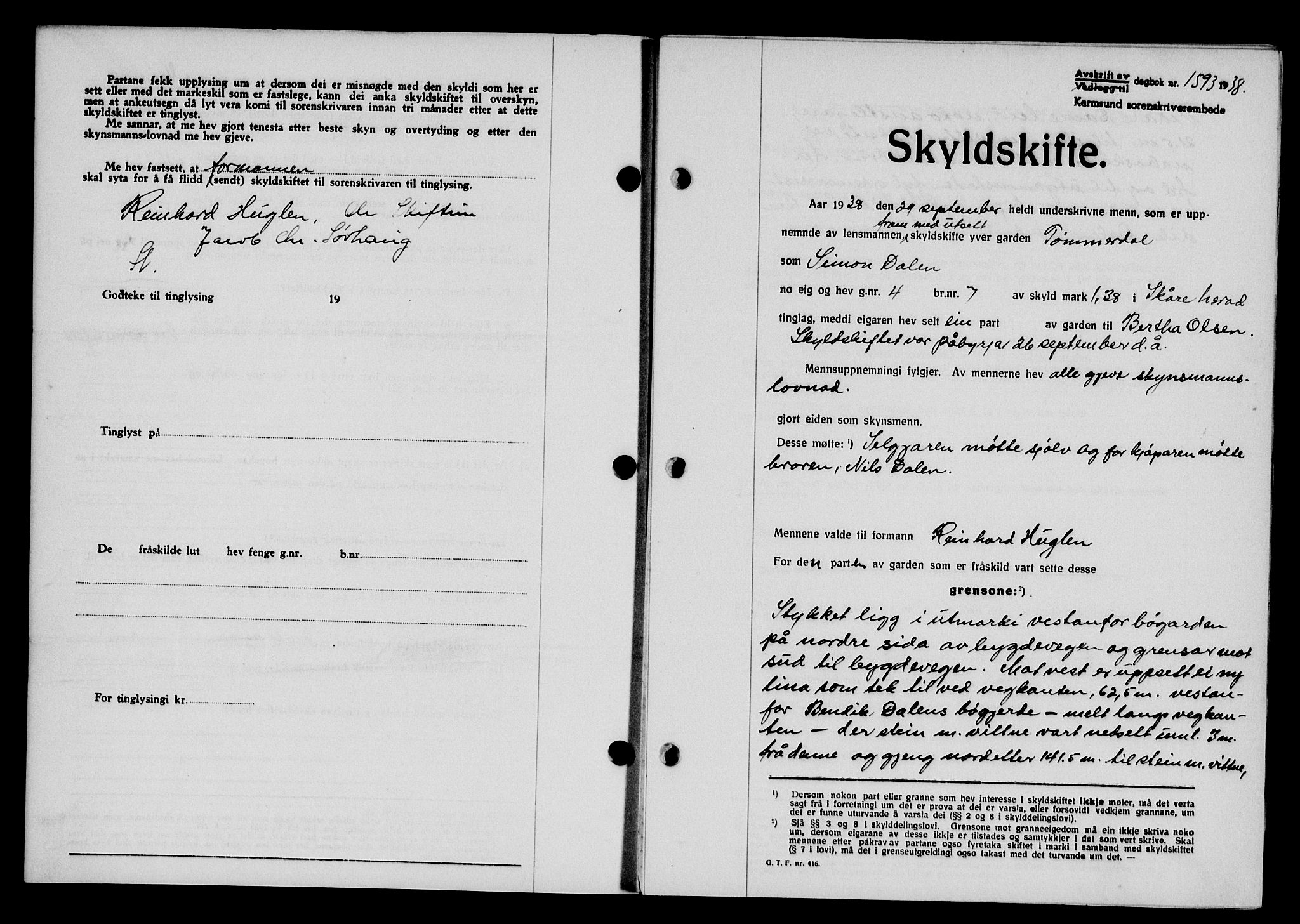 Karmsund sorenskriveri, SAST/A-100311/01/II/IIB/L0070: Pantebok nr. 51A, 1938-1939, Dagboknr: 1593/1938