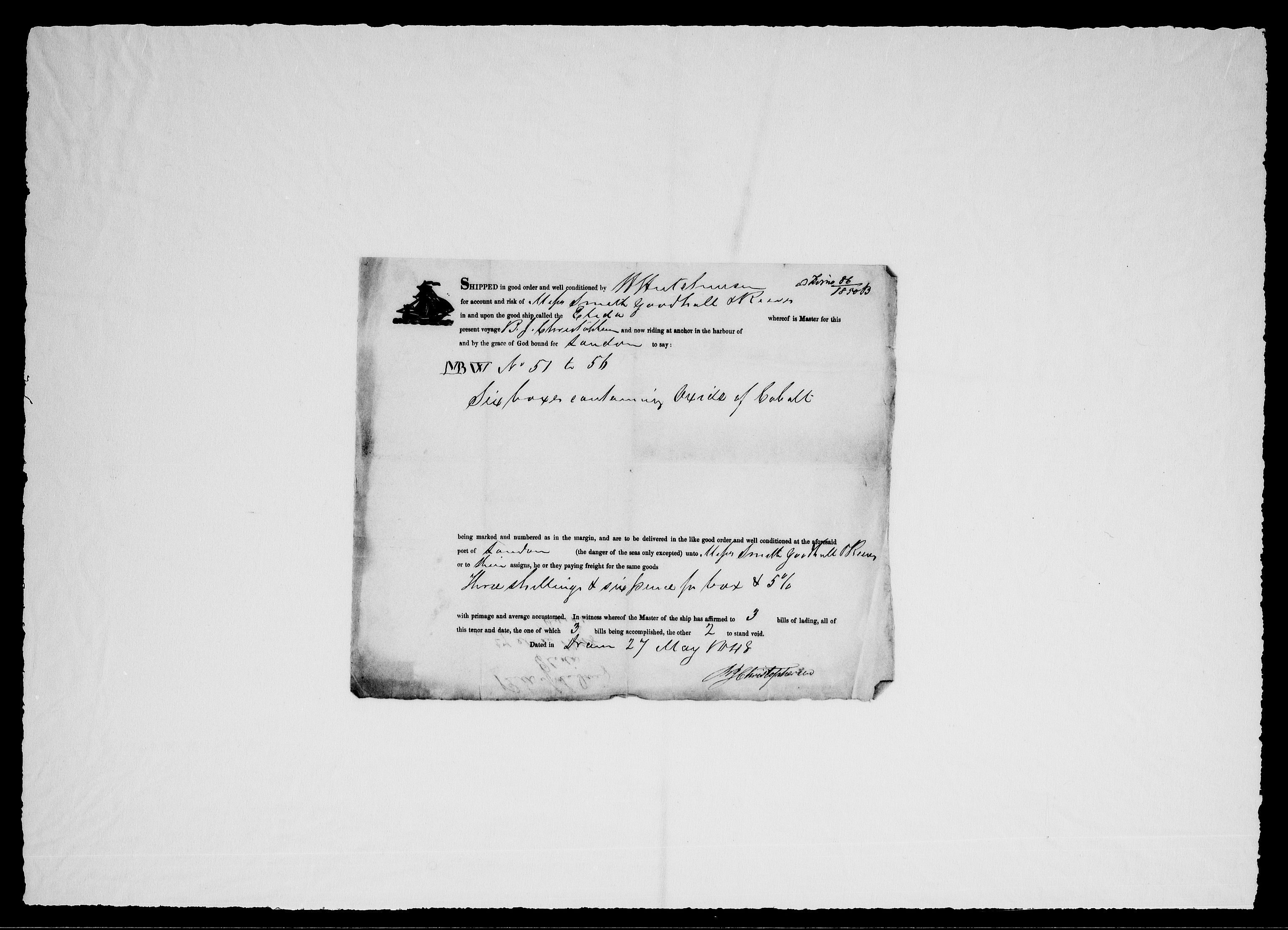 Modums Blaafarveværk, RA/PA-0157/G/Gd/Gdc/L0226/0001: -- / Connossement, 1834-1840, s. 4