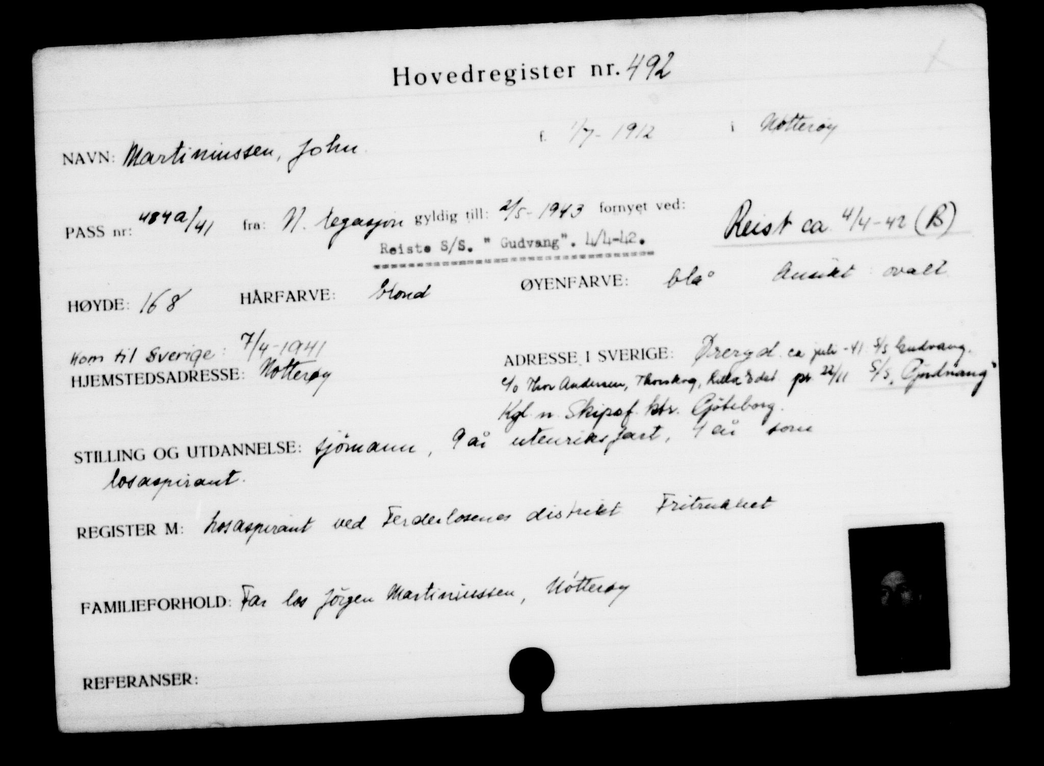 Utenriksstasjonene, Legasjonen i Stockholm, Flyktningkontoret, AV/RA-S-6753/V/Va/L0001: Kjesäterkartoteket, flyktninger med registreringsnr. 1-1000, 1940-1945, s. 758