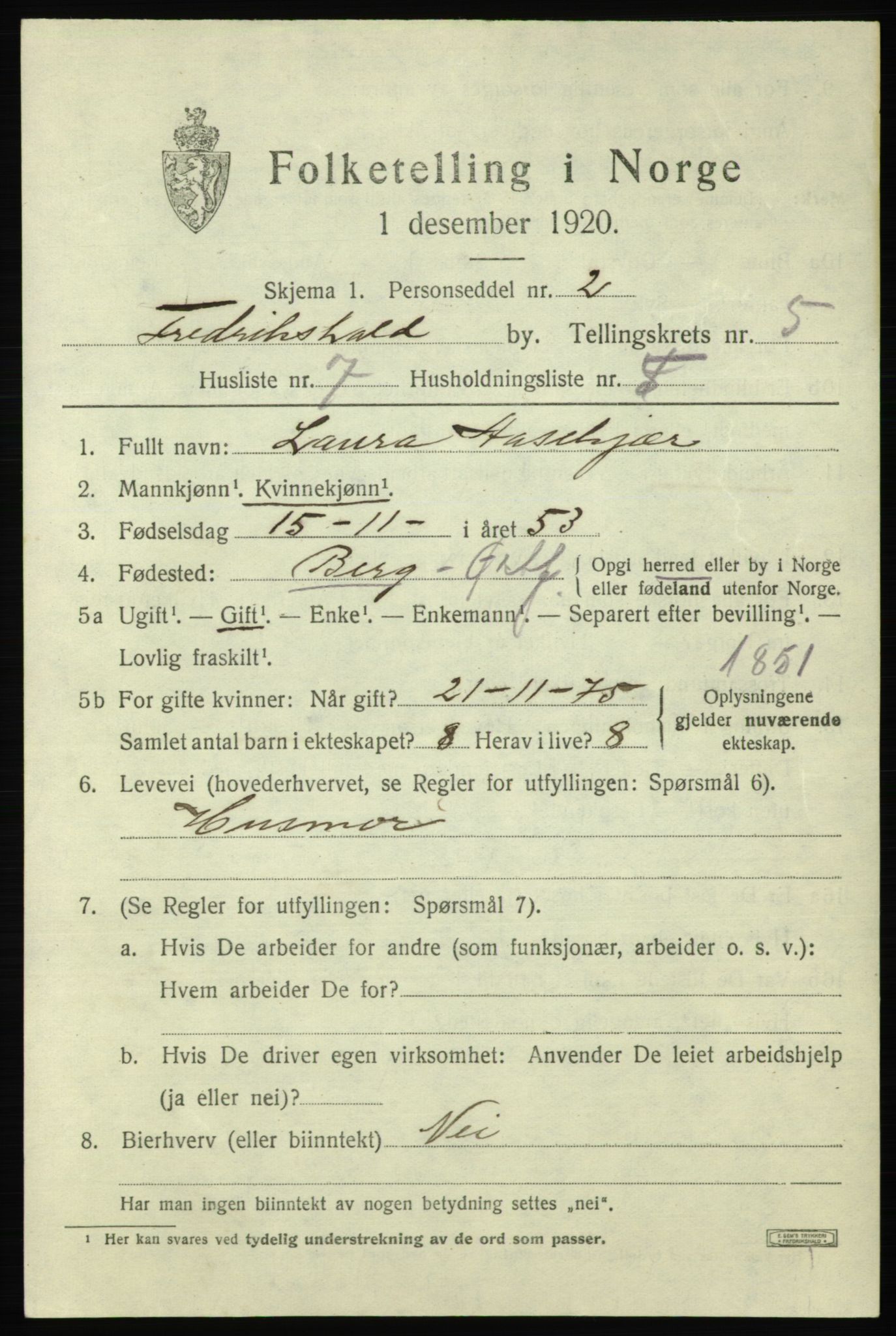 SAO, Folketelling 1920 for 0101 Fredrikshald kjøpstad, 1920, s. 12125