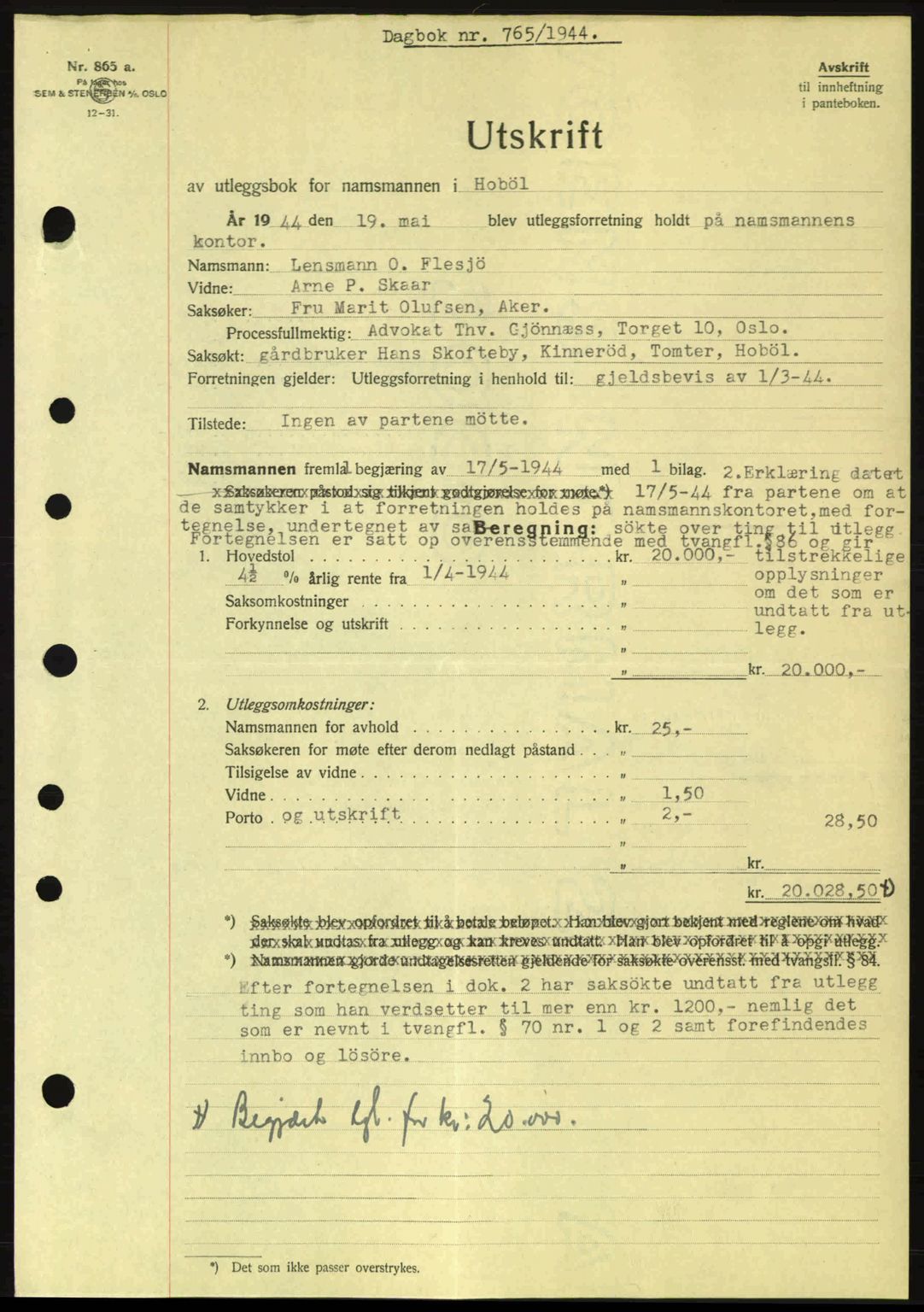 Moss sorenskriveri, SAO/A-10168: Pantebok nr. B13, 1943-1945, Dagboknr: 765/1944