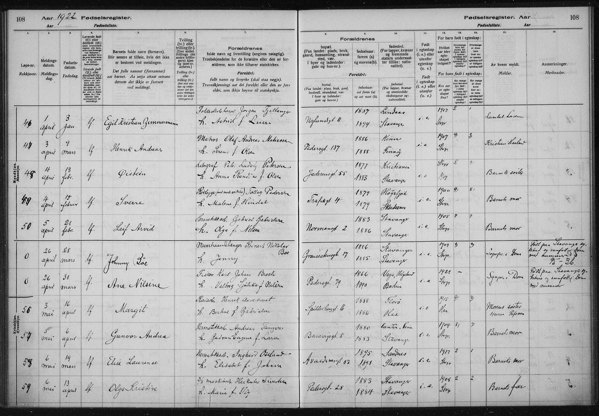 St. Johannes sokneprestkontor, AV/SAST-A-101814/002/A/L0002: Fødselsregister nr. 2, 1919-1924, s. 108