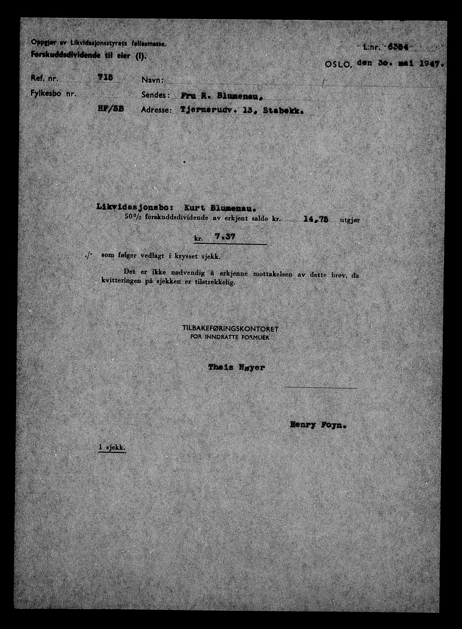 Justisdepartementet, Tilbakeføringskontoret for inndratte formuer, AV/RA-S-1564/H/Hc/Hcc/L0926: --, 1945-1947, s. 160