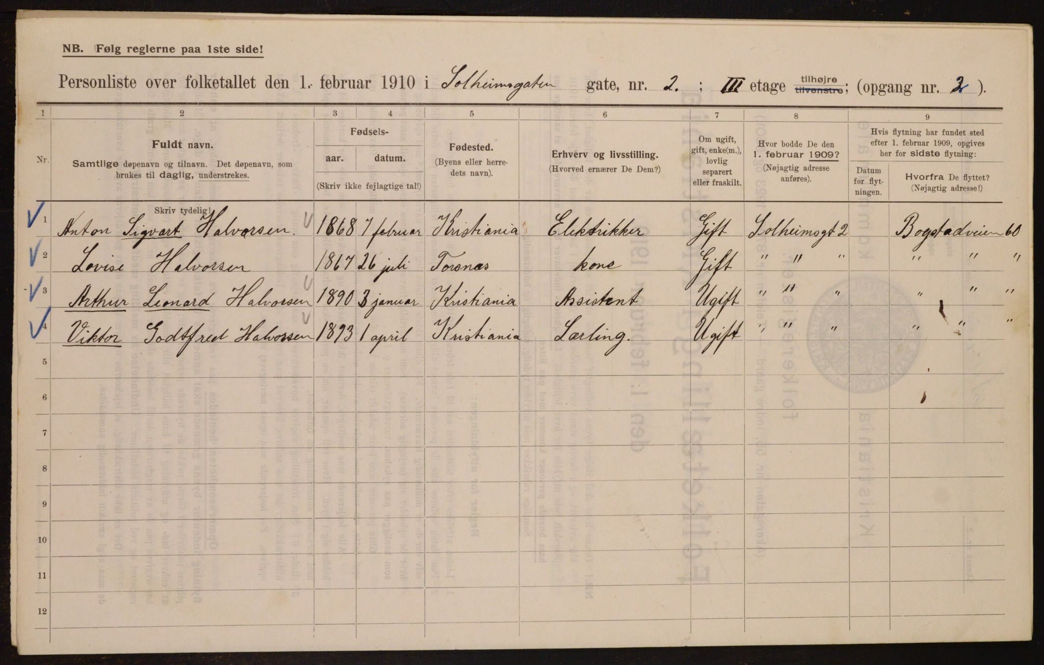 OBA, Kommunal folketelling 1.2.1910 for Kristiania, 1910, s. 94863