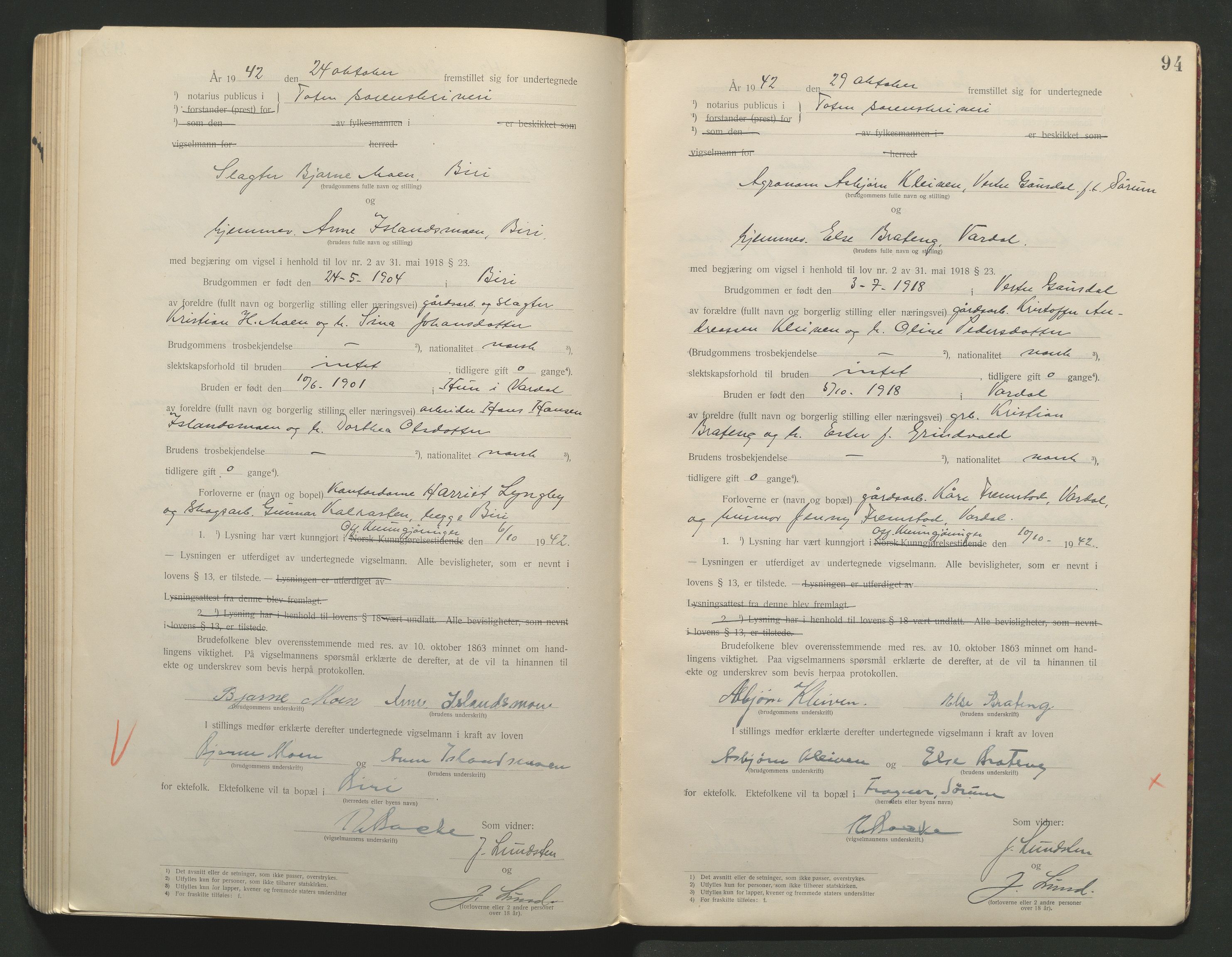 Toten tingrett, AV/SAH-TING-006/L/Lc/L0001: Vigselbok, 1920-1942, s. 94