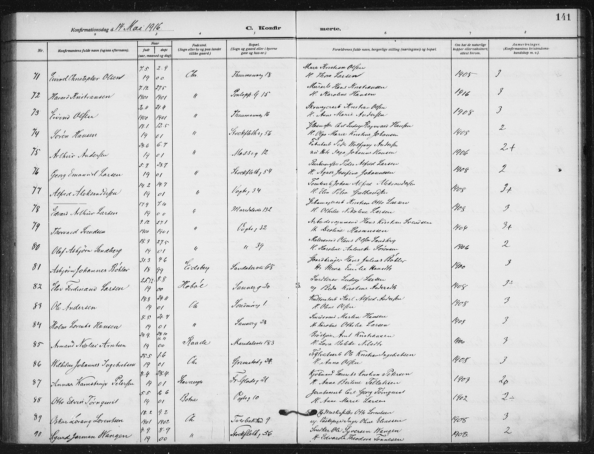 Sagene prestekontor Kirkebøker, AV/SAO-A-10796/F/L0008: Ministerialbok nr. 8, 1910-1919, s. 141