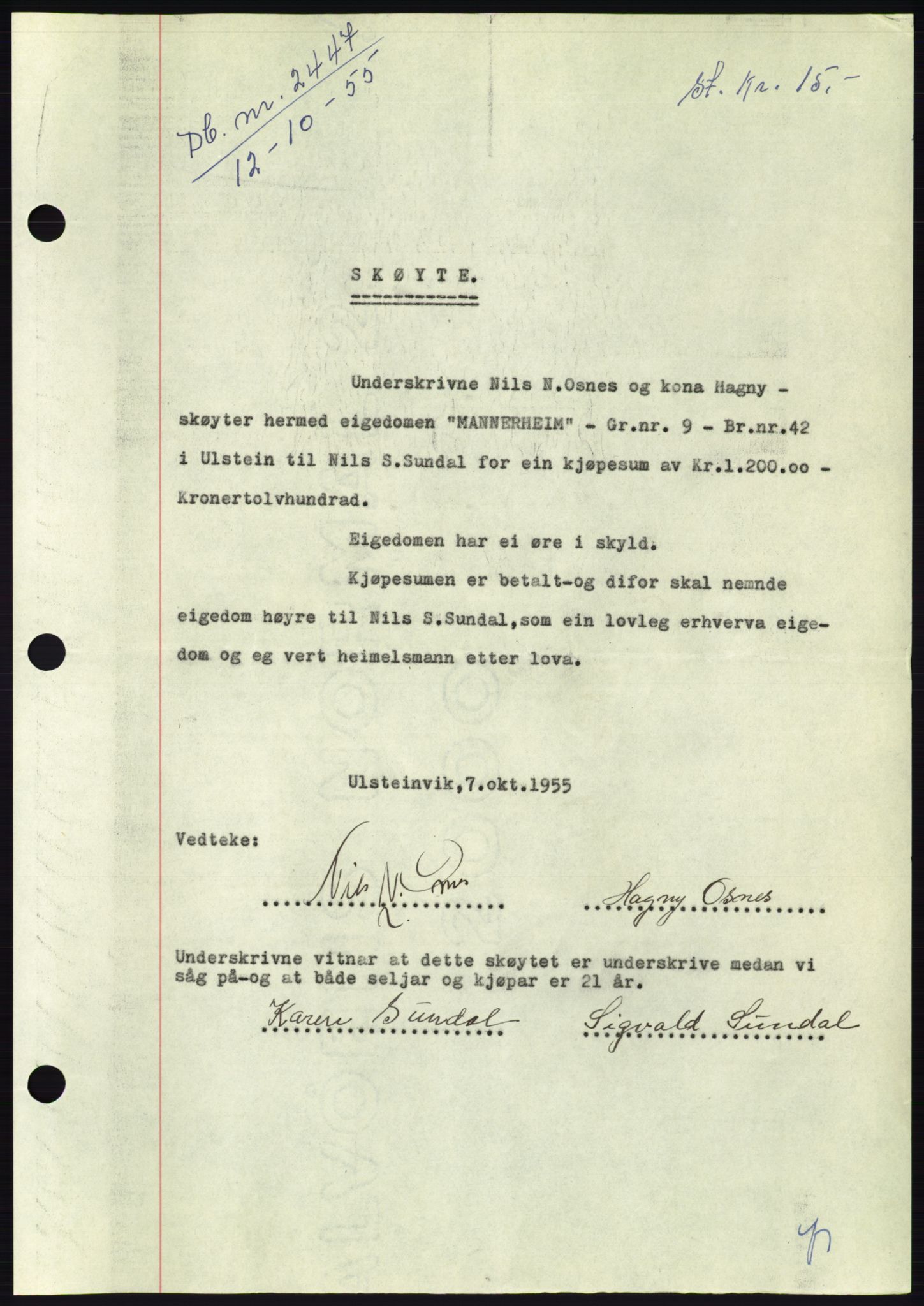 Søre Sunnmøre sorenskriveri, AV/SAT-A-4122/1/2/2C/L0102: Pantebok nr. 28A, 1955-1956, Dagboknr: 2447/1955