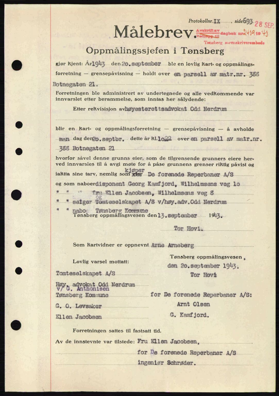 Tønsberg sorenskriveri, AV/SAKO-A-130/G/Ga/Gaa/L0014: Pantebok nr. A14, 1943-1944, Dagboknr: 2439/1943