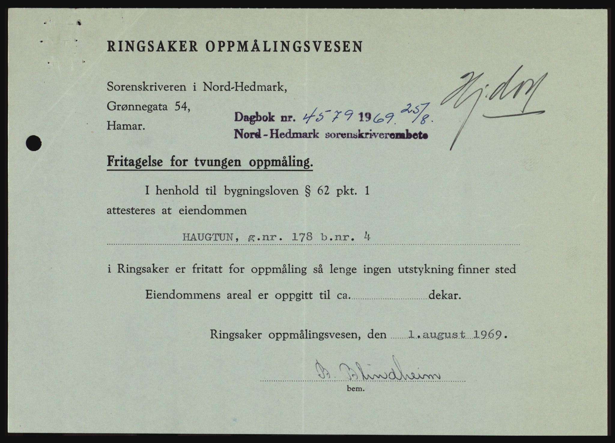 Nord-Hedmark sorenskriveri, SAH/TING-012/H/Hc/L0031: Pantebok nr. 31, 1969-1969, Dagboknr: 4579/1969