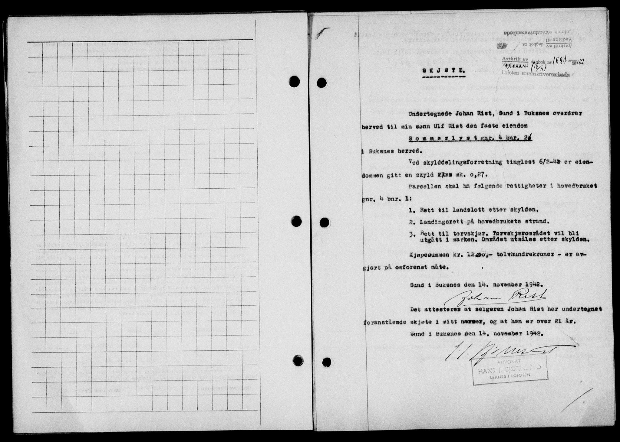 Lofoten sorenskriveri, SAT/A-0017/1/2/2C/L0010a: Pantebok nr. 10a, 1942-1943, Dagboknr: 1884/1942