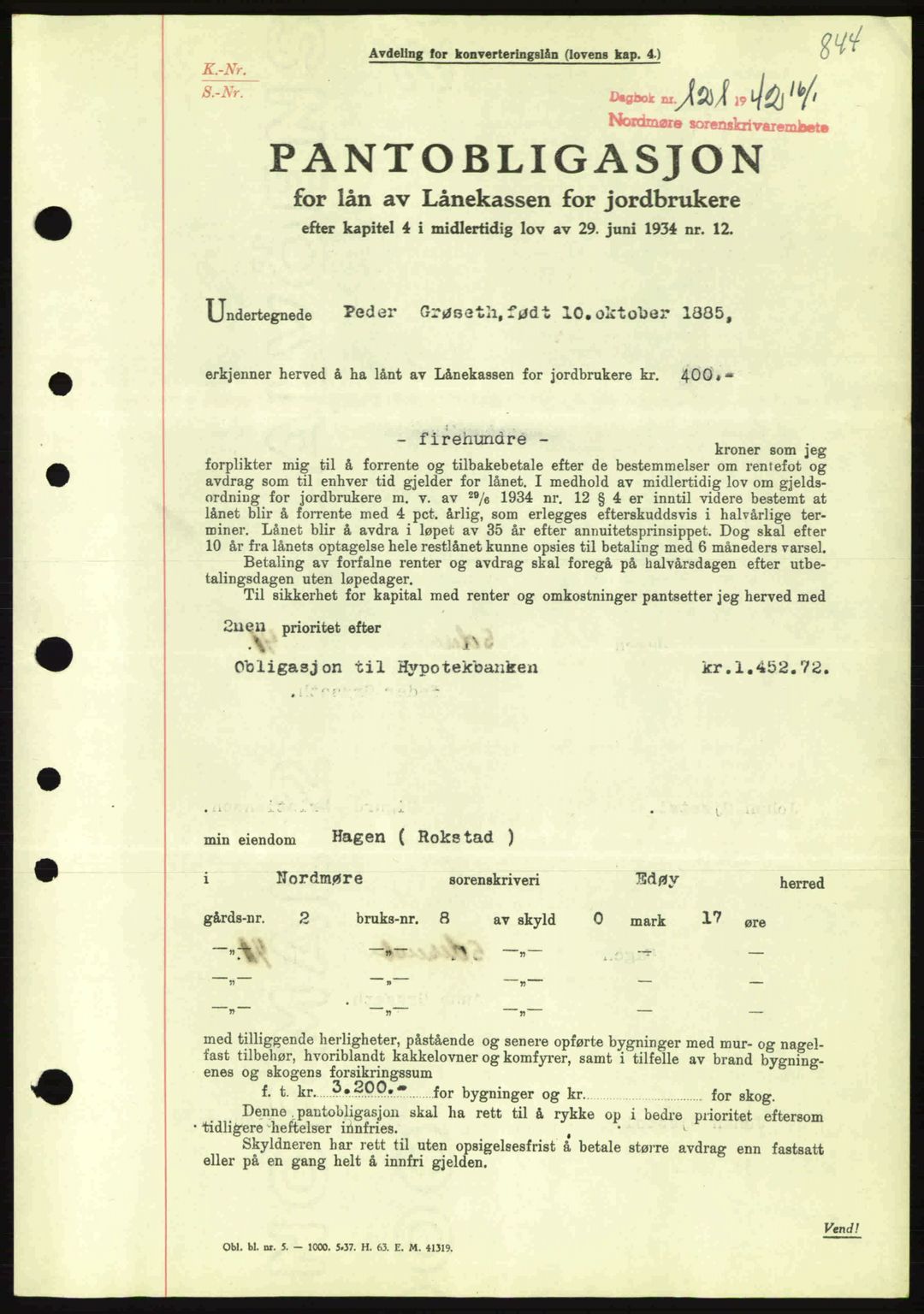 Nordmøre sorenskriveri, SAT/A-4132/1/2/2Ca: Pantebok nr. B88, 1941-1942, Dagboknr: 121/1942