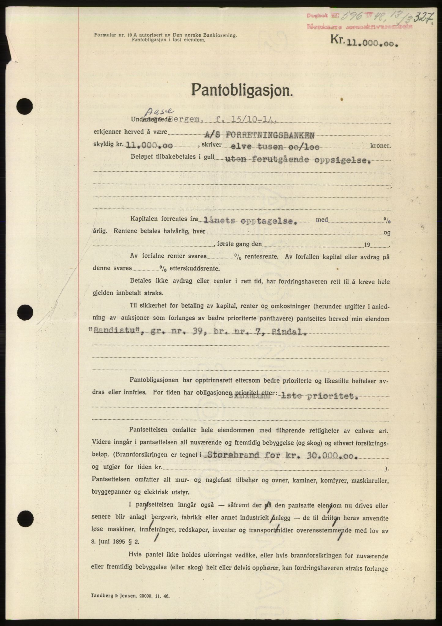 Nordmøre sorenskriveri, SAT/A-4132/1/2/2Ca: Pantebok nr. B98, 1948-1948, Dagboknr: 596/1948