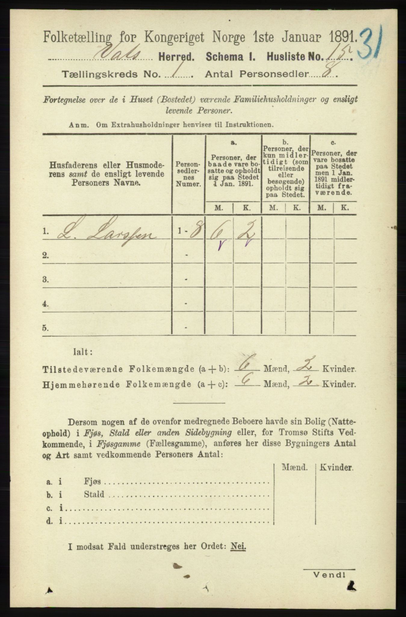 RA, Folketelling 1891 for 1155 Vats herred, 1891, s. 37