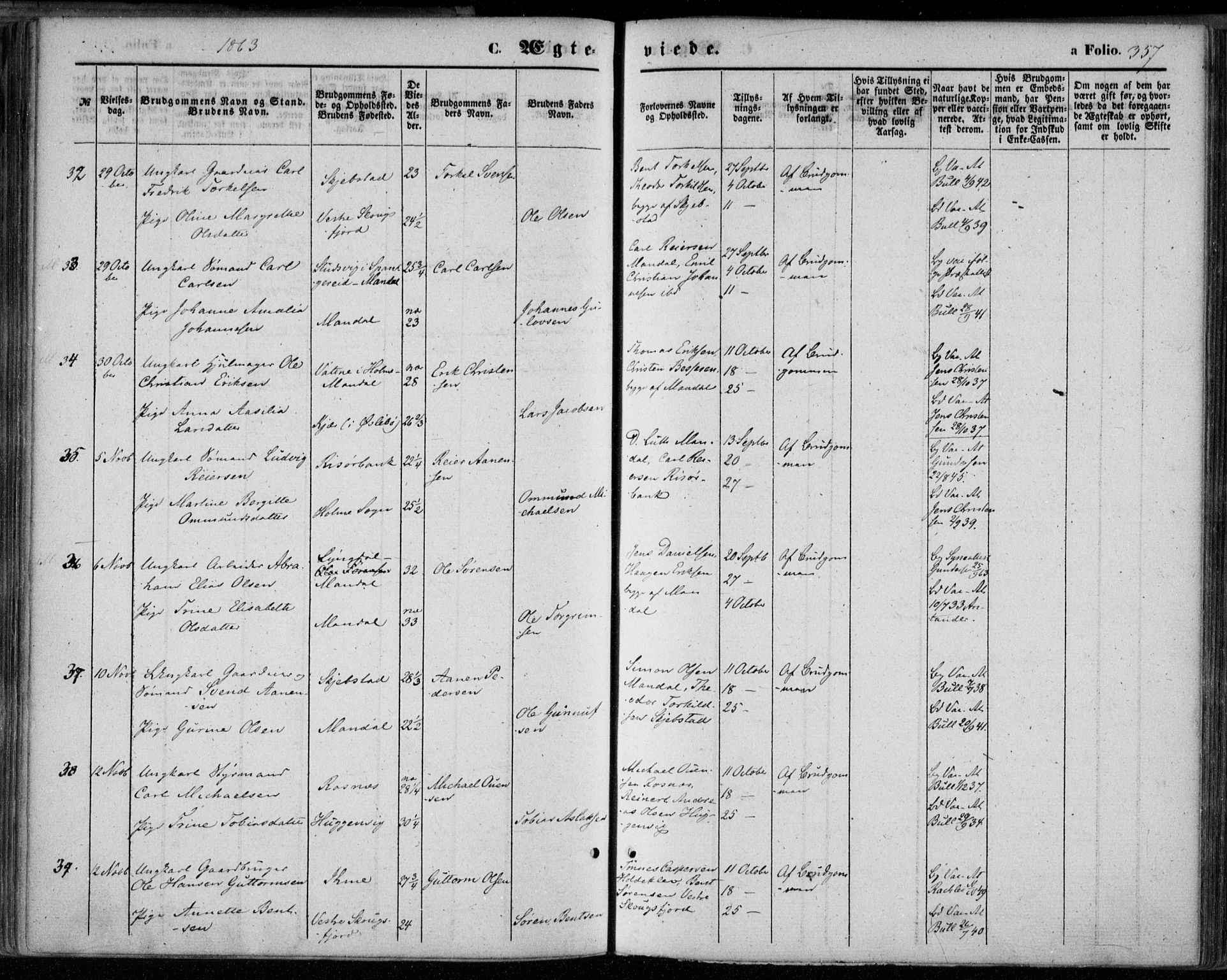 Mandal sokneprestkontor, AV/SAK-1111-0030/F/Fa/Faa/L0014: Ministerialbok nr. A 14, 1859-1872, s. 357