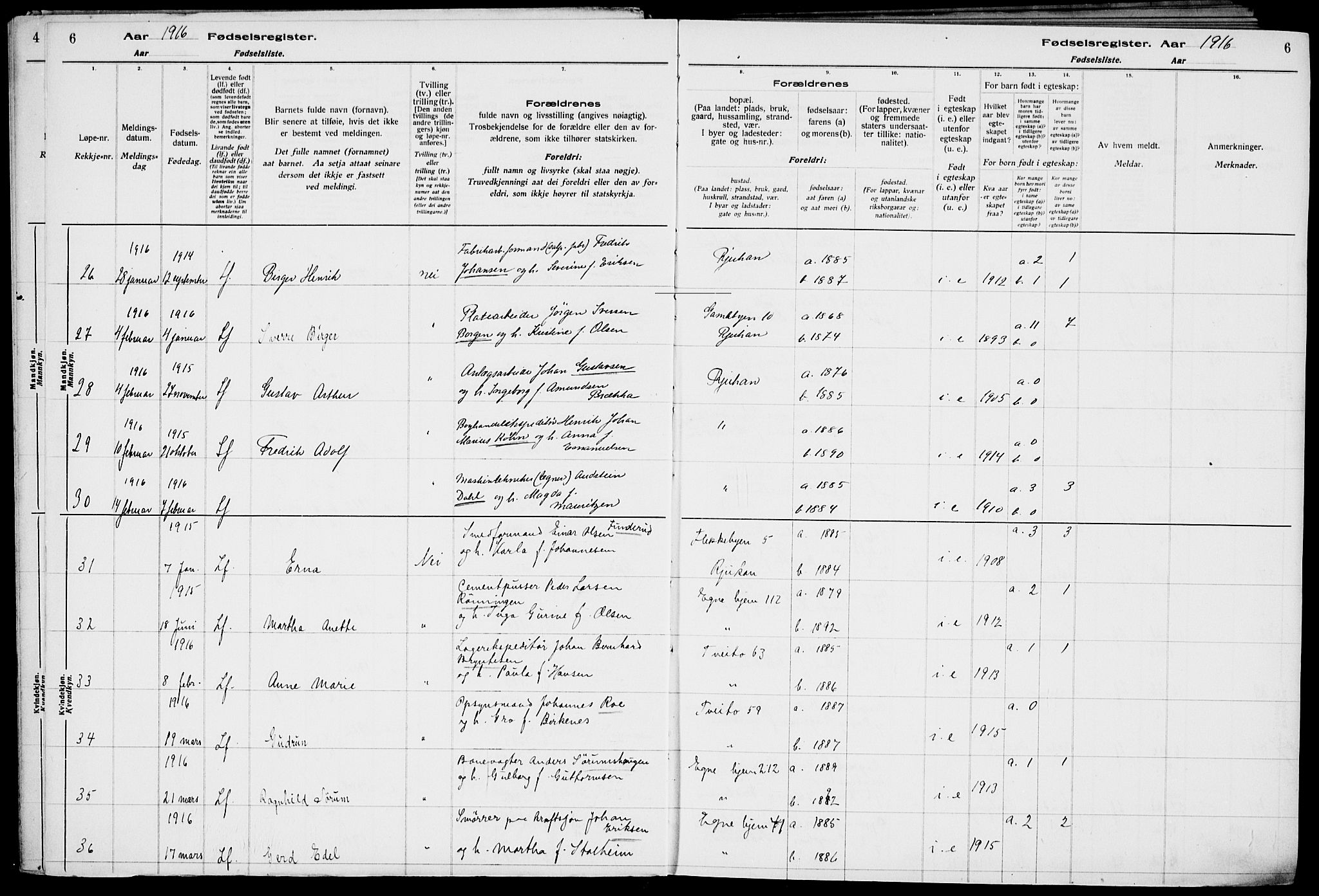 Rjukan kirkebøker, AV/SAKO-A-294/J/Ja/L0001: Fødselsregister nr. 1, 1916-1922, s. 6