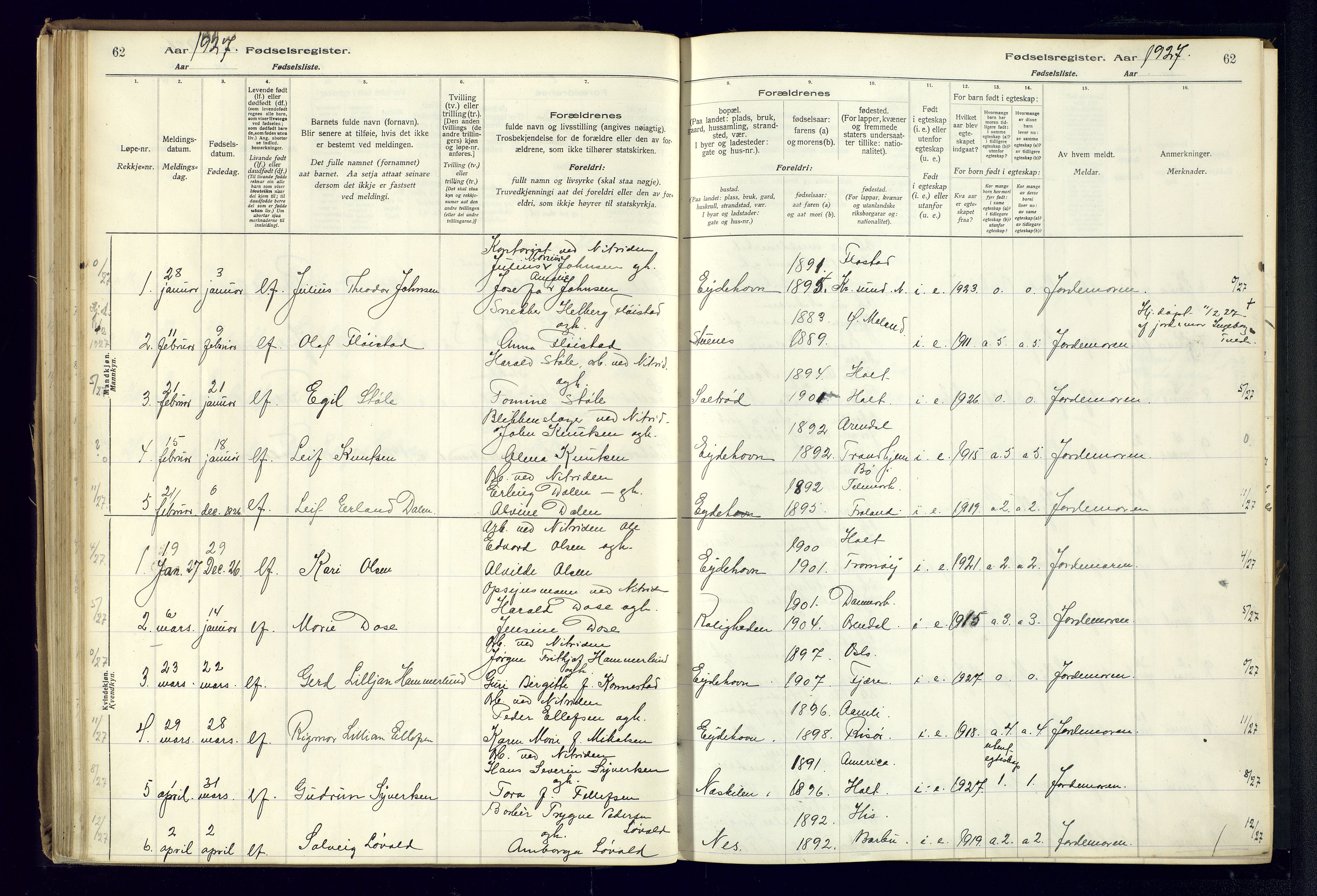 Austre Moland sokneprestkontor, AV/SAK-1111-0001/J/Ja/L0003: Fødselsregister nr. A-VI-27, 1916-1950, s. 62