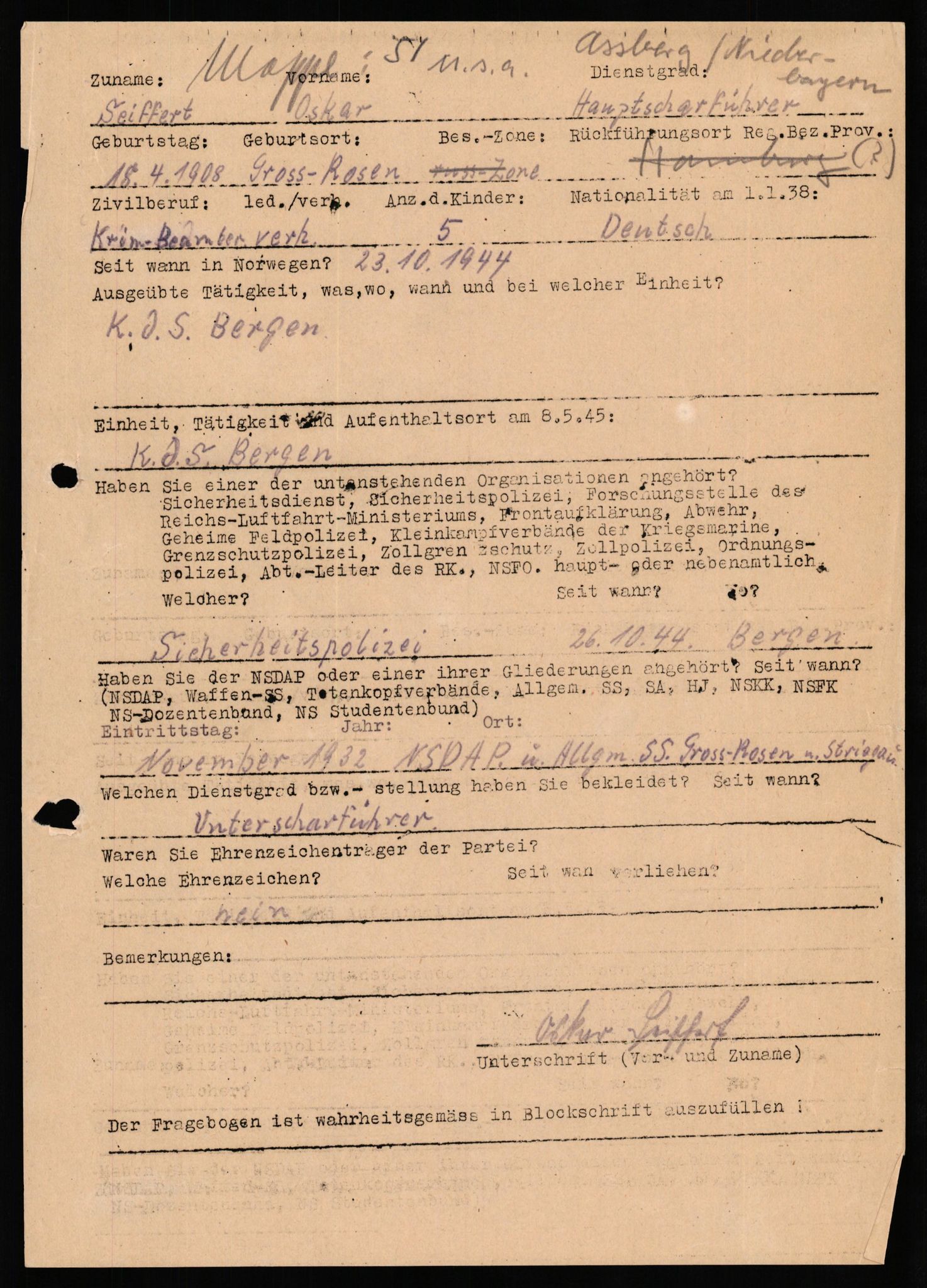 Forsvaret, Forsvarets overkommando II, RA/RAFA-3915/D/Db/L0031: CI Questionaires. Tyske okkupasjonsstyrker i Norge. Tyskere., 1945-1946, s. 510