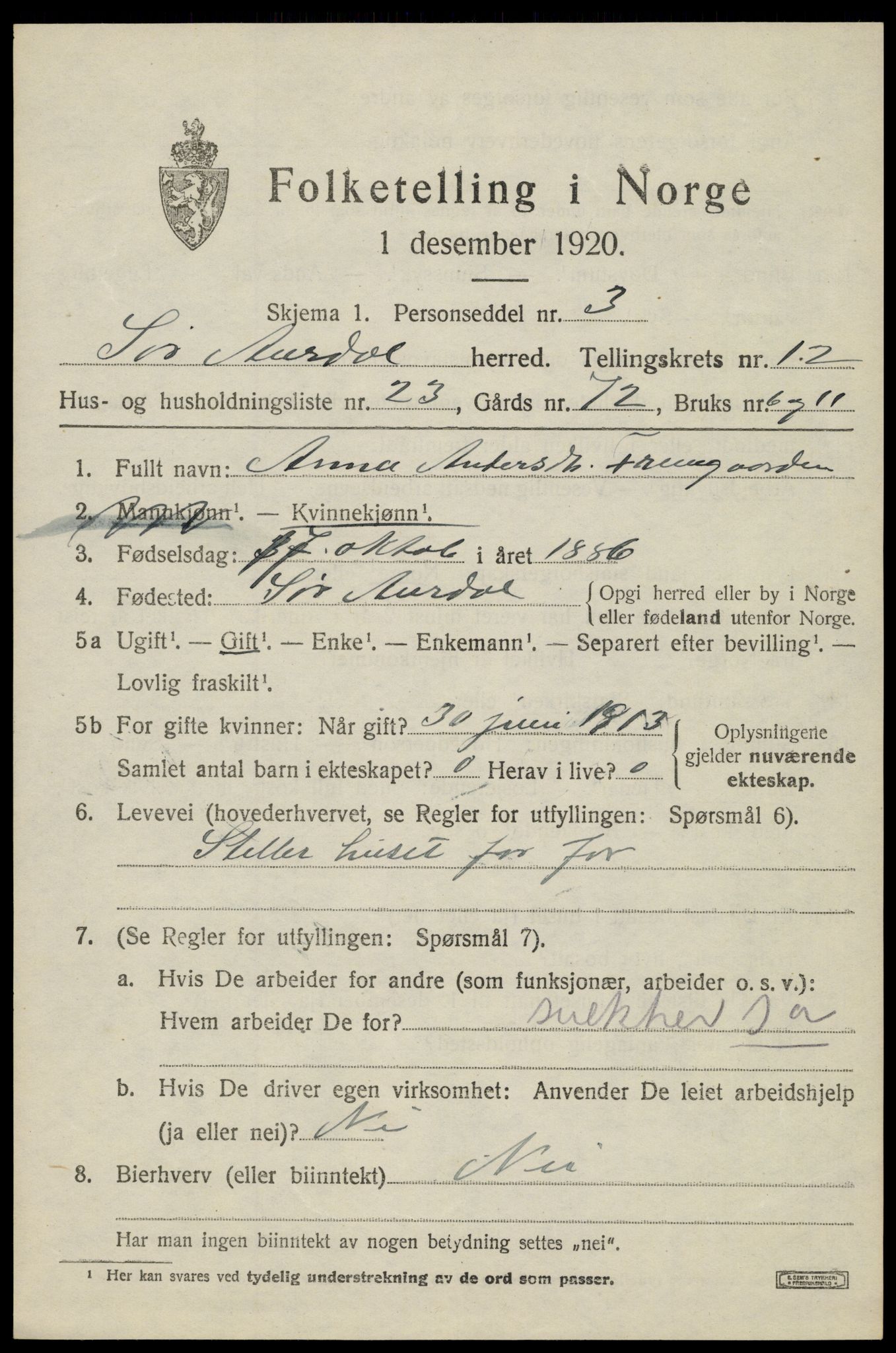 SAH, Folketelling 1920 for 0540 Sør-Aurdal herred, 1920, s. 6995