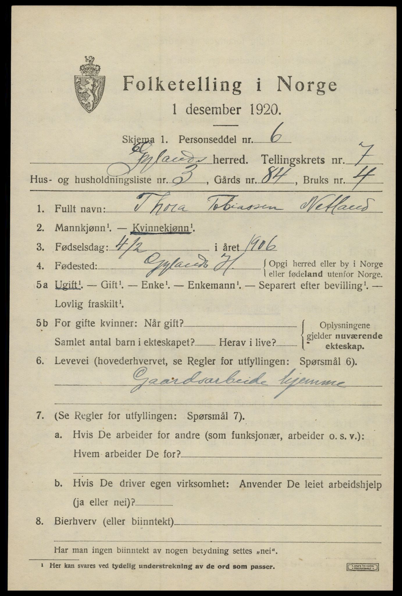 SAK, Folketelling 1920 for 1044 Gyland herred, 1920, s. 1486