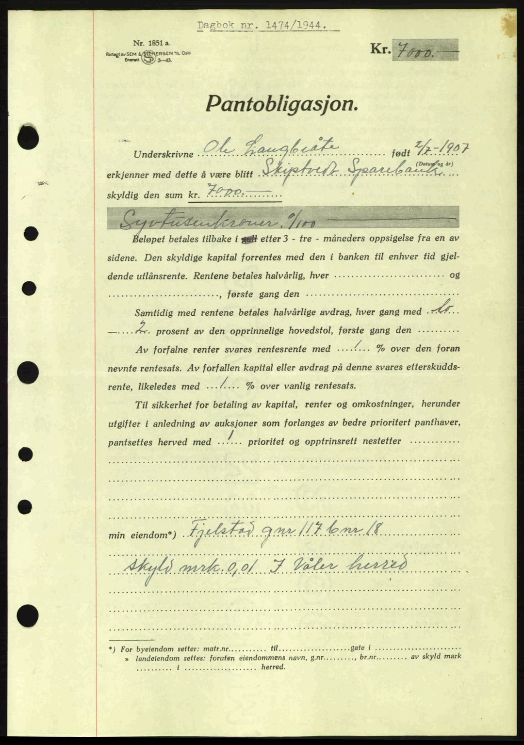 Moss sorenskriveri, SAO/A-10168: Pantebok nr. B13, 1943-1945, Dagboknr: 1474/1944