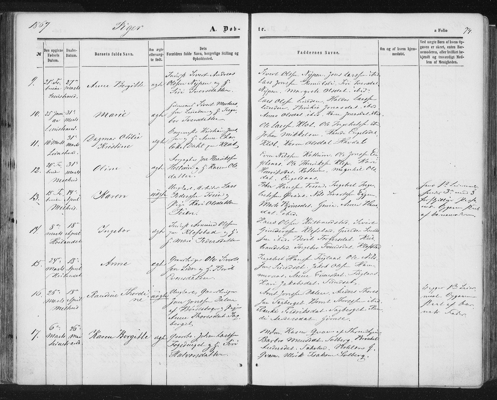 Ministerialprotokoller, klokkerbøker og fødselsregistre - Sør-Trøndelag, SAT/A-1456/691/L1077: Ministerialbok nr. 691A09, 1862-1873, s. 74