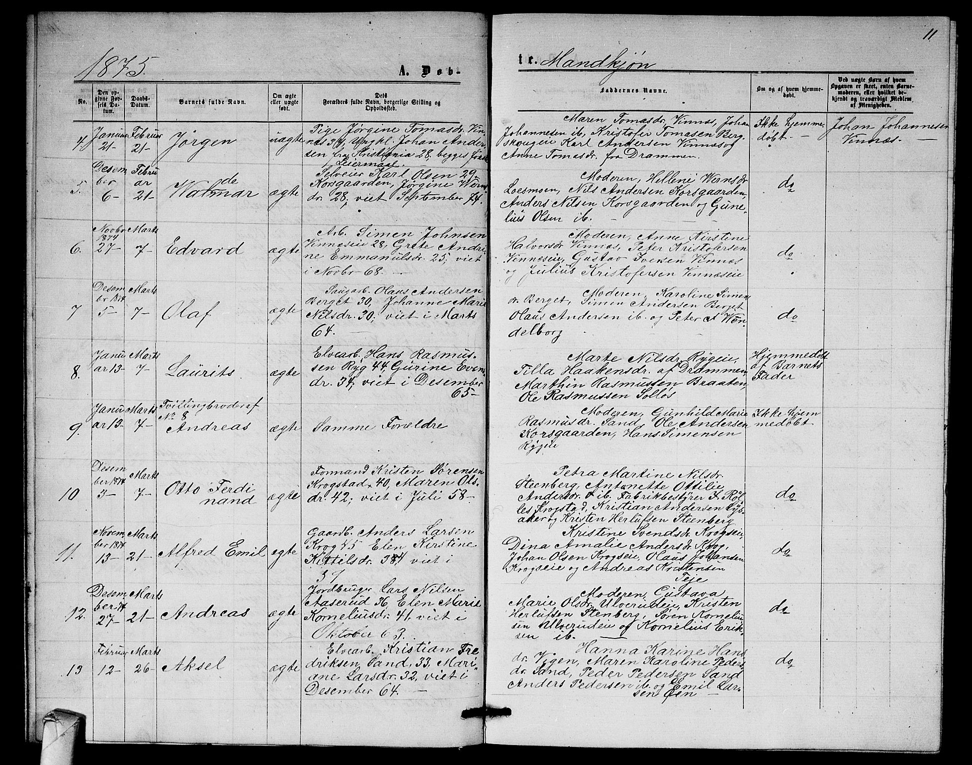 Nedre Eiker kirkebøker, AV/SAKO-A-612/G/Ga/L0001: Klokkerbok nr. 1, 1873-1880, s. 11