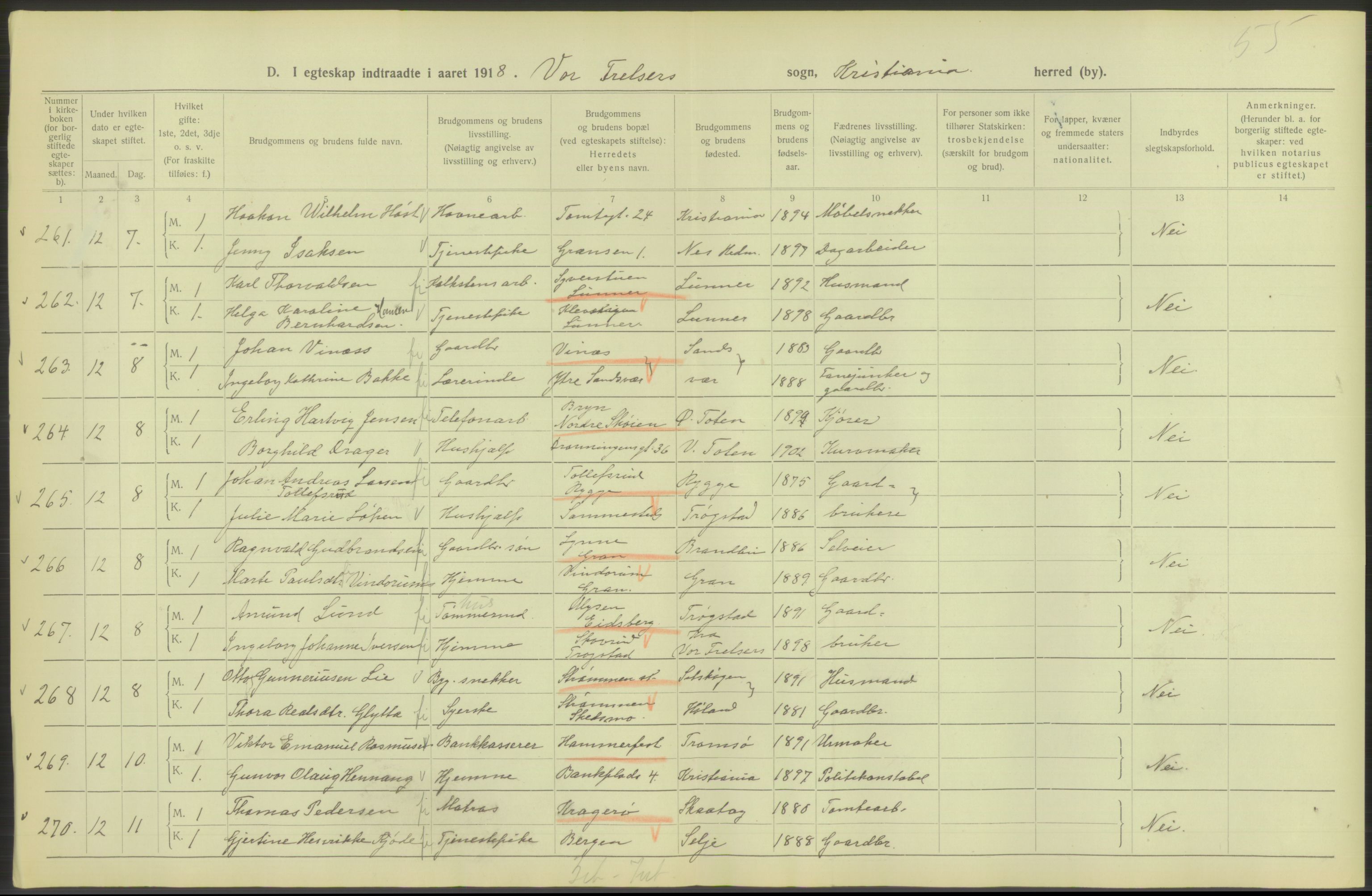 Statistisk sentralbyrå, Sosiodemografiske emner, Befolkning, AV/RA-S-2228/D/Df/Dfb/Dfbh/L0009: Kristiania: Gifte, 1918, s. 112